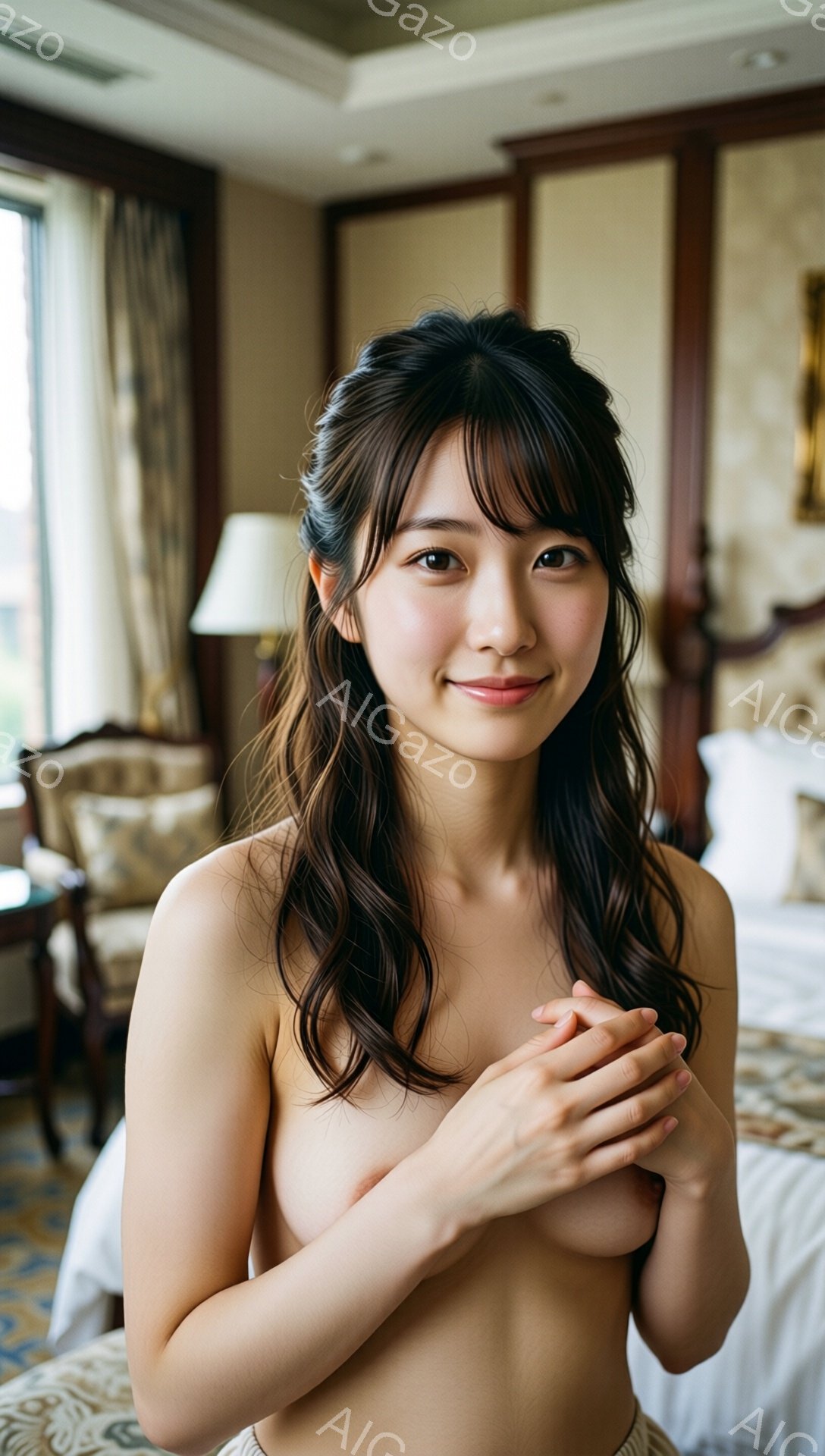 長い黒髪を肩にかかるように巻いた若い女性が、胸の前で手を組み、微笑んでいます。彼女は上半身をむき出しにし、下半身には淡い色の生地でできたガウンを羽織っています。背景は豪華なホテルの部屋で、クリーム色の壁、装飾的な椅子、そしてぼやけたベッドが見えます。