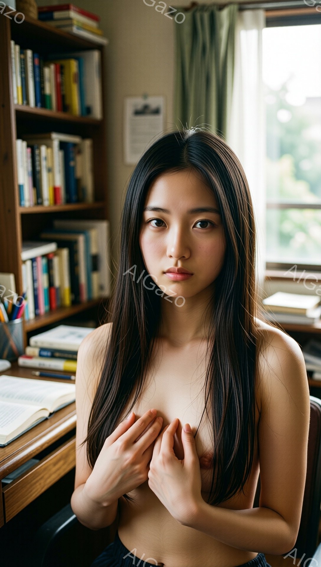 長い黒髪を肩まで垂らした若い女性が、上半身裸でカメラを見つめています。彼女は片手を胸の前で当て、少し物憂げな表情を浮かべています。背景には本棚が並び、窓からは光が差し込んで、どこか懐かしい雰囲気の部屋が写っています。