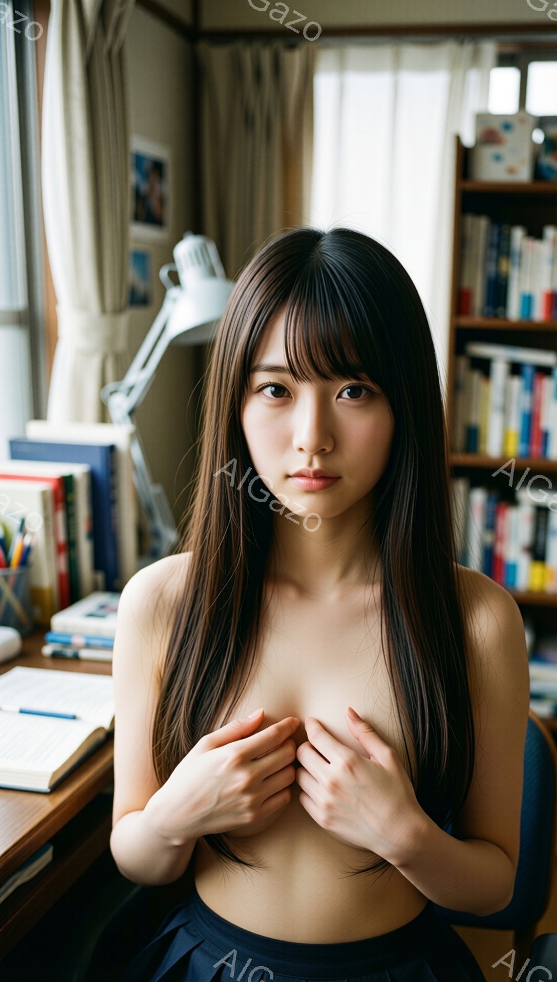 長い黒髪の女性が、上半身を露出した状態で写っている。彼女は黒いスカートを着用し、両手で胸元を覆うように抱えている。背景には本棚と机があり、学習室のような雰囲気が漂っている。