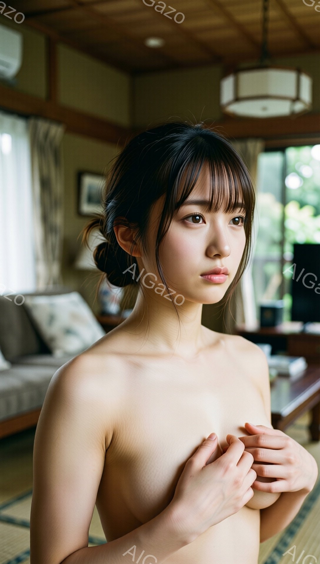 黒髪を後ろでまとめた若い女性が、上半身を裸にしてカメラを見つめている。彼女は両手で胸元を優しく抱え、控えめで物憂げな表情を浮かべている。背景には畳敷きの部屋と、障子窓から見える緑豊かな庭園がぼやけており、穏やかで内省的な雰囲気を醸し出している。