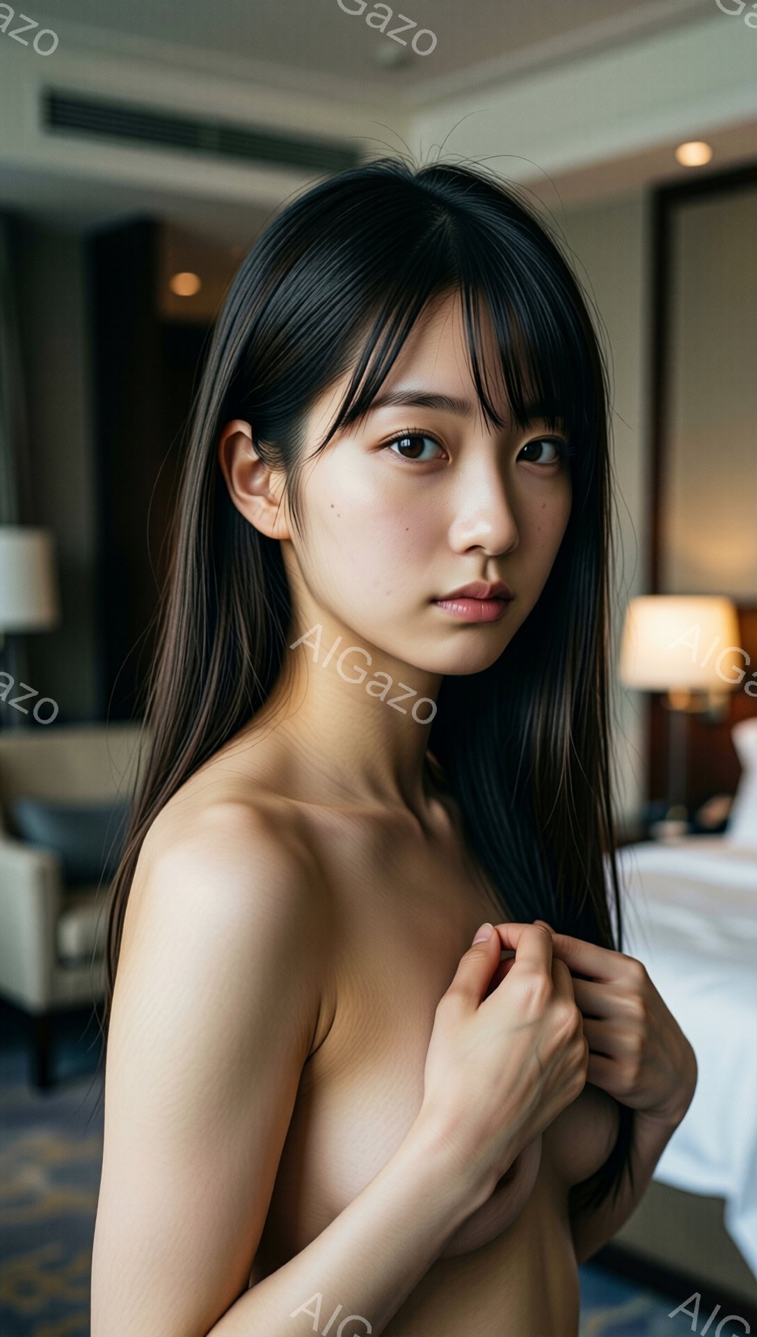 長い黒髪を肩から下でなびかせ、前髪は眉毛にかかるように流している女性が写っている。上半身裸で、両手で胸元を抱え込むような仕草をしている。背景には、クリーム色のソファやベッド、間接照明のある明るい室内がぼやけて写っており、落ち着いた雰囲気である。