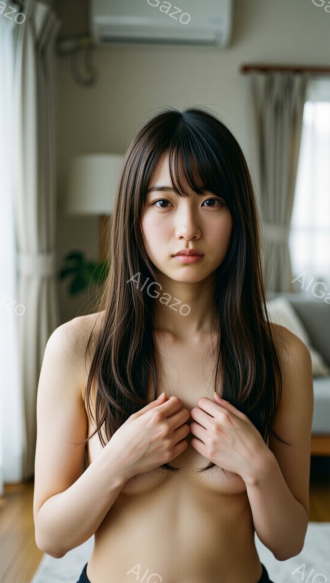 長い黒髪の女性が、上半身を隠すように腕を組んで立っています。背景は明るい室内で、窓から自然光が差し込み、ソファや植物が見えます。 全体的に、穏やかで少し内気な雰囲気です。