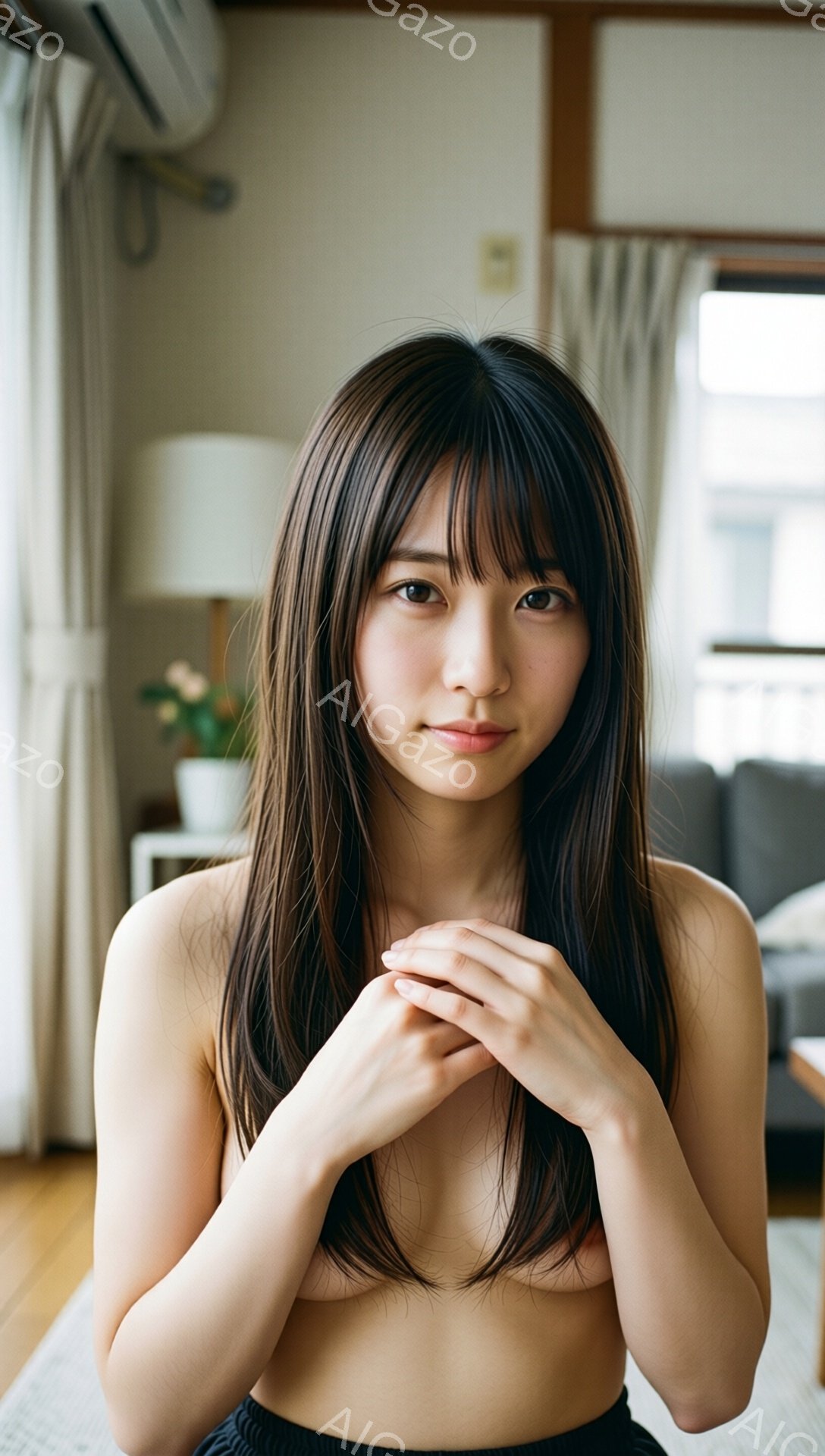 長い黒髪の女性が、白い背景の室内で、胸の前で手を組んで立っています。彼女は素肌で、表情は穏やかで、わずかに微笑んでいます。背景には、間接照明や植物が見え、落ち着いた雰囲気です。