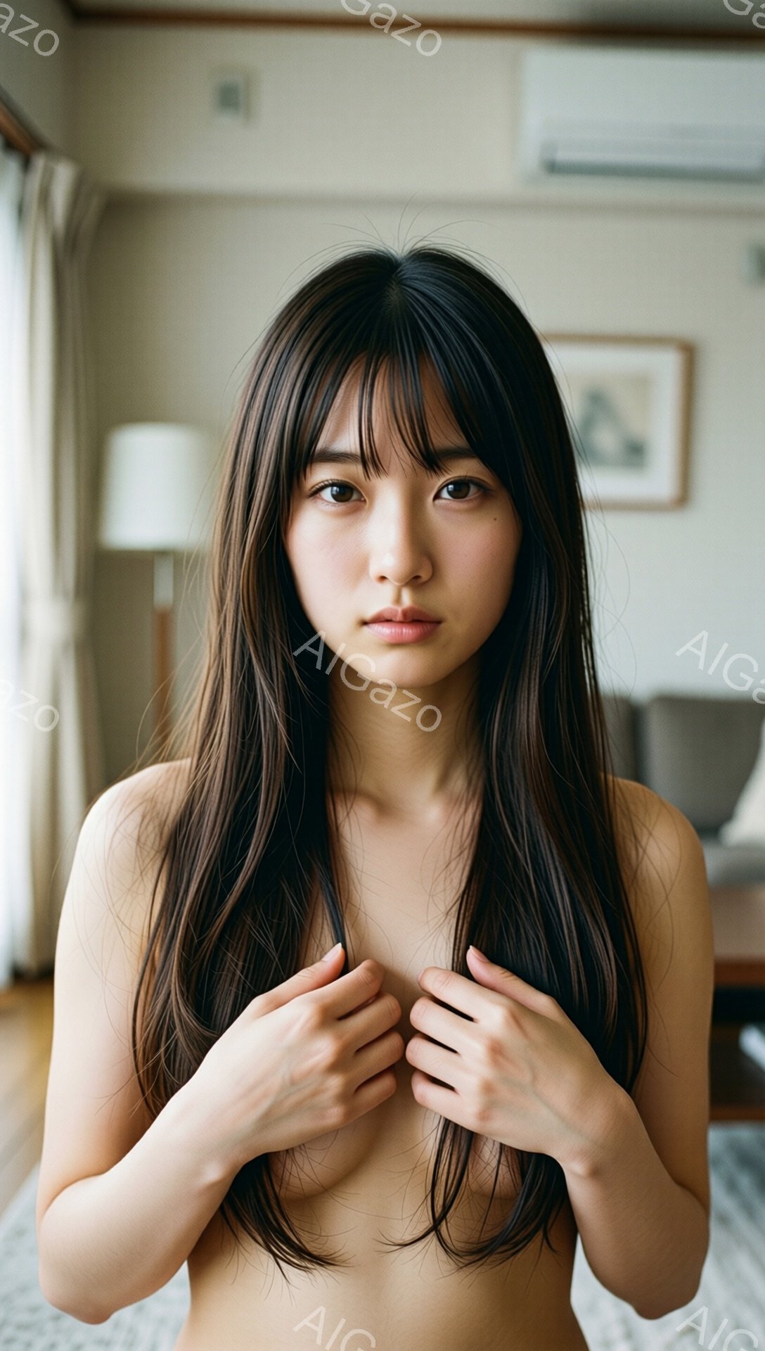 長い黒髪の女性が、白い背景の部屋で上半身を少し隠すように腕を組んでいます。彼女は控えめな表情で、自然なメイクと控えめな化粧をしています。背景には、シンプルで落ち着いたリビングルームの一角が見え、柔らかな光が差し込んでいます。