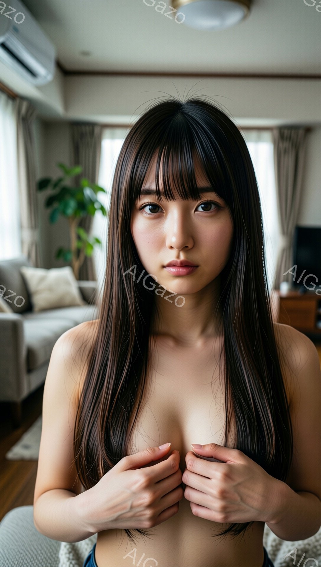 長い黒髪をなびかせた若い女性が、上半身に何も着ていない状態で正面を見つめています。彼女は両手で胸元を覆うように抱え、少し憂いを帯びた表情をしています。背景には、ベージュ色のソファと観葉植物、そして柔らかな光が差し込むリビングルームが見えます。