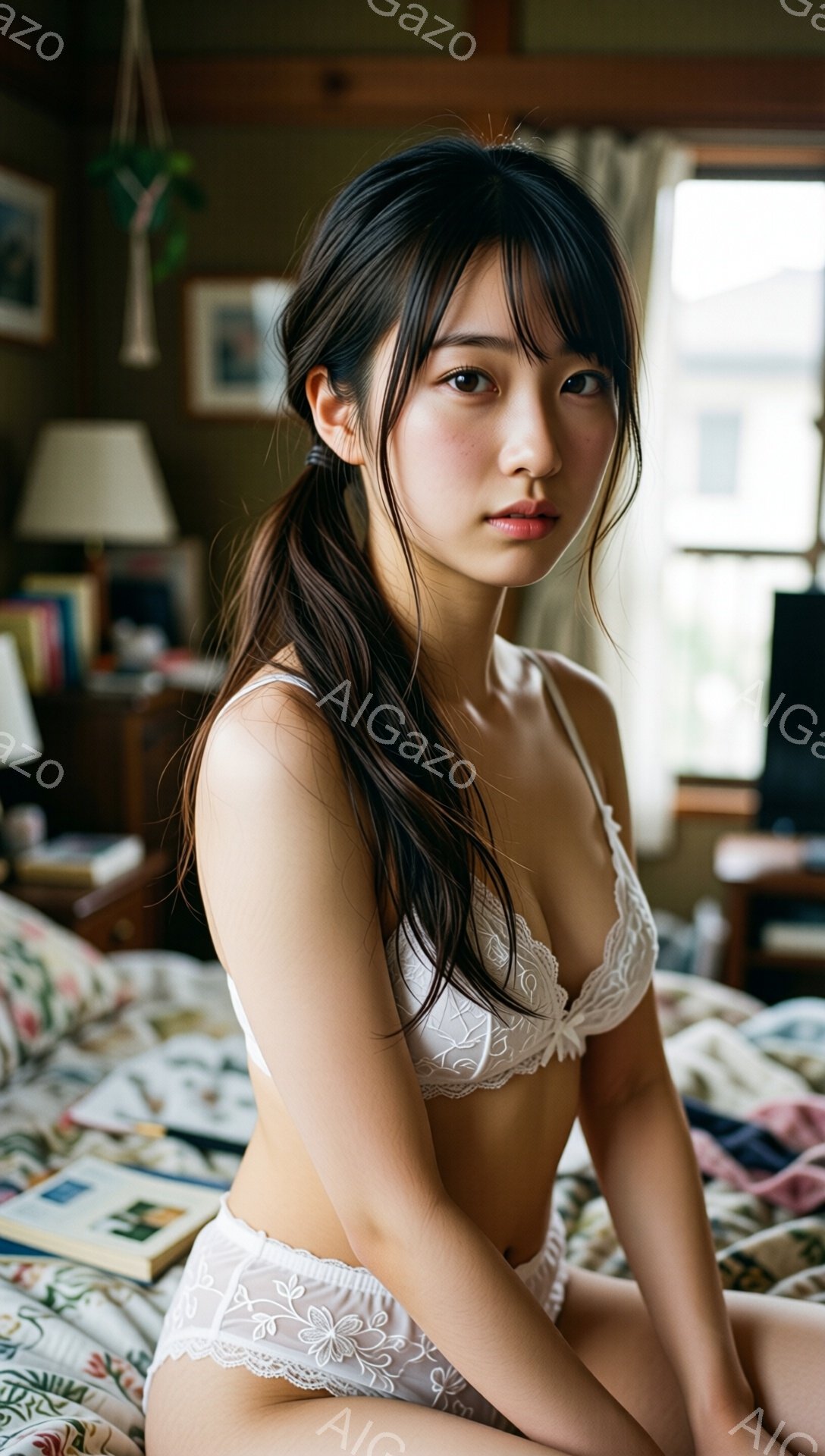 長い黒髪をハーフアップにした女性が、白いレースのブラとショーツを身につけ、ベッドに座っている。彼女は少し微笑み、落ち着いた表情でカメラを見つめている。背景には木製の家具や植物が見え、室内は柔らかい光に - AI生成フリー素材