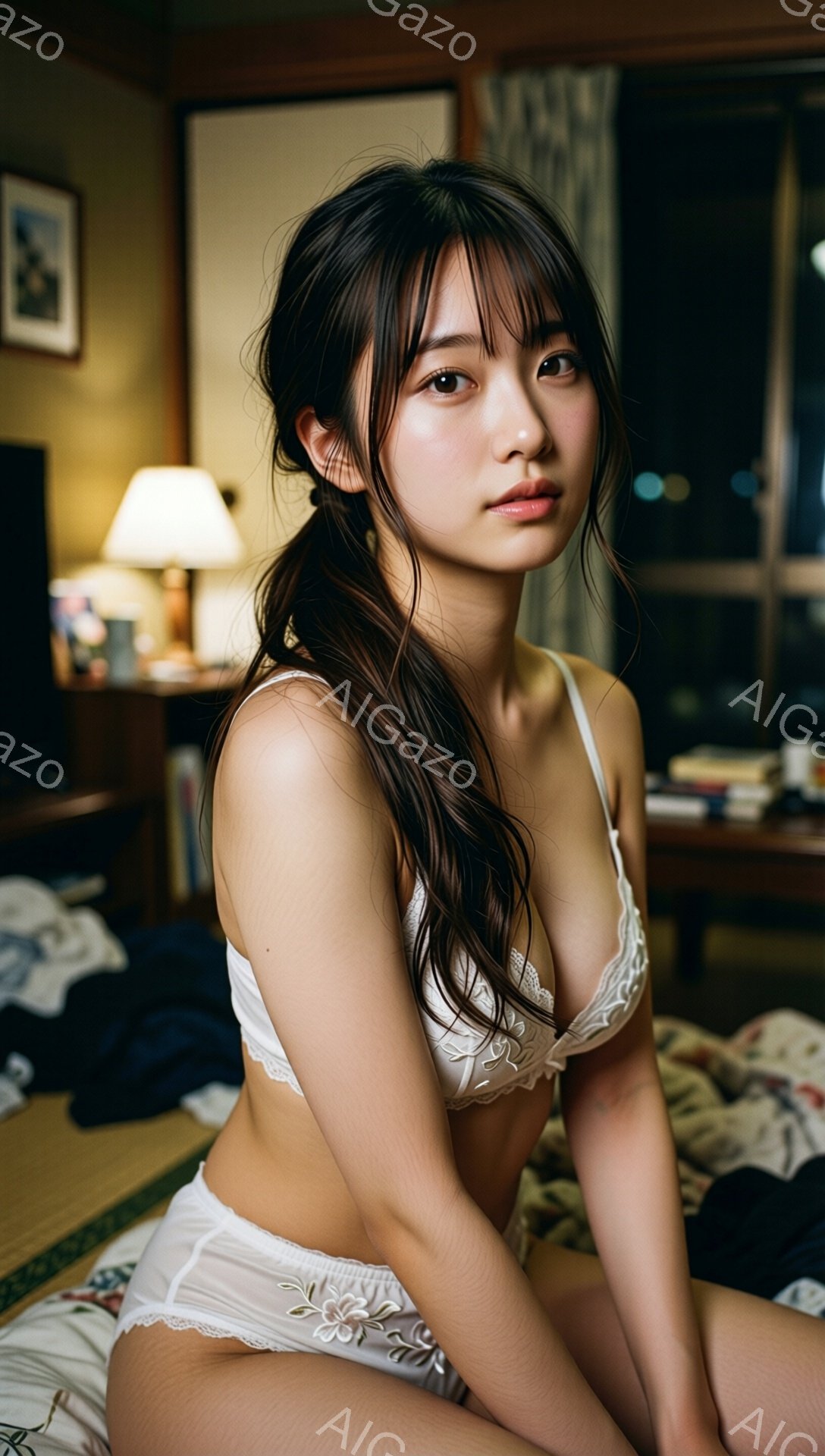 長い黒髪を無造作に後ろでまとめた女性が、白いレースのブラジャーとショーツ姿で、畳の上に座っています。彼女はカメラに向かって少し微笑んでおり、落ち着いた表情をしています。背景には、ぼやけた木製の家具や照 - AI生成フリー素材