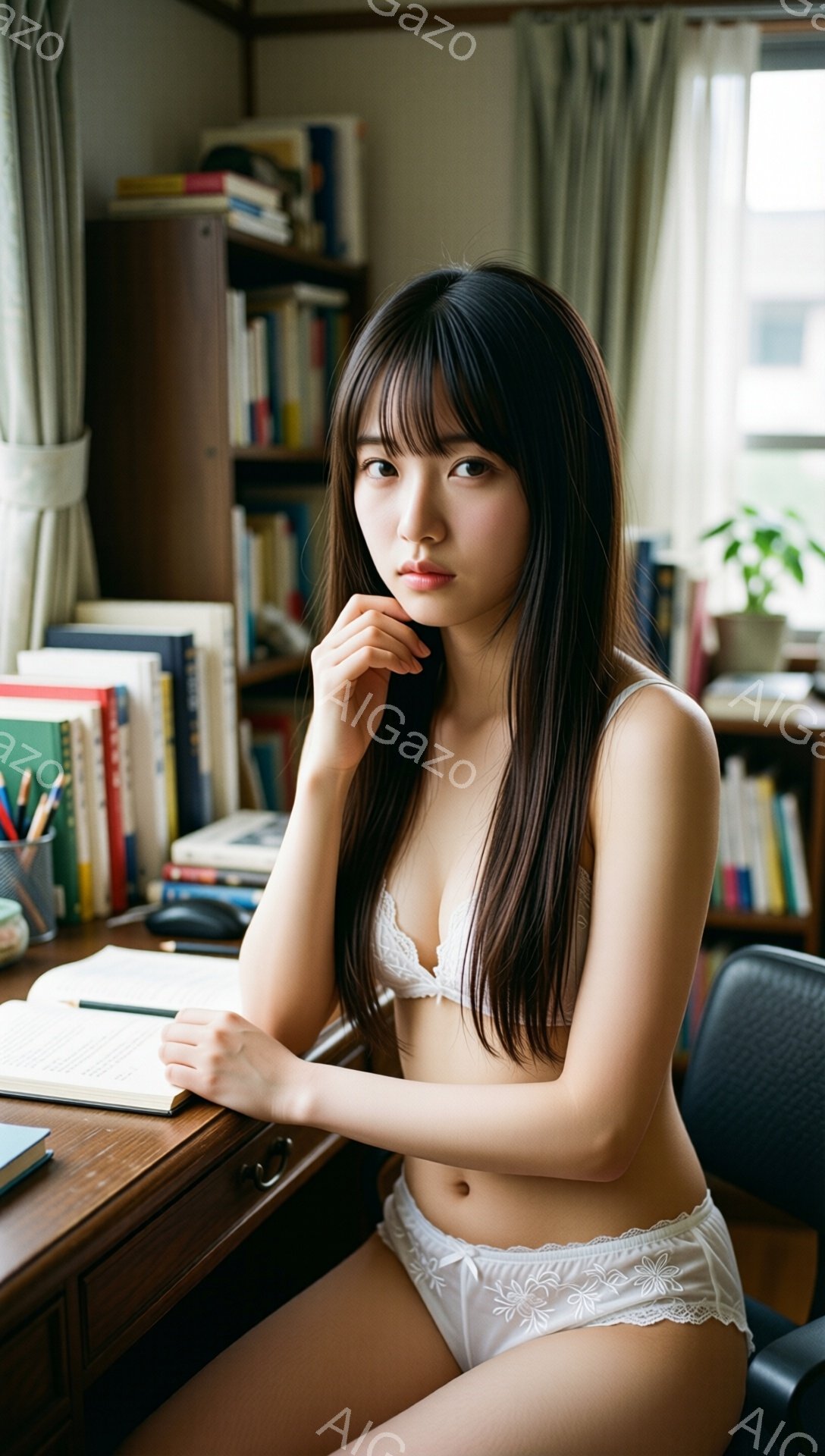 長い黒髪をセンターパートにした女性が、白いレースのブラとショーツ姿で机に座っています。彼女は顎に手を当て、少し物憂げな表情でこちらを見つめており、背景には本棚が並んでいます。室内は暖かく、落ち着いた雰 - AI生成フリー素材