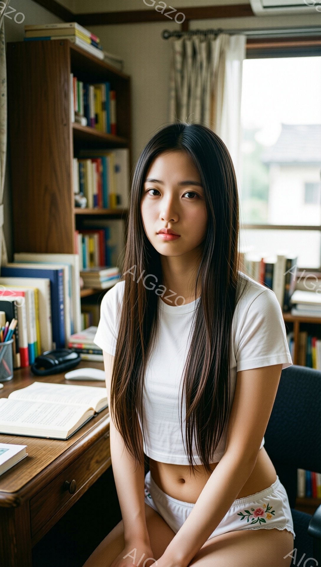 長い黒髪を伸ばした若い女性が、白いクロップド丈のTシャツと花柄のショートパンツを身に着けて椅子に座っています。彼女は少し憂いのある表情でカメラを見つめており、目の前には開いた本と文房具が置かれた机があります。背景には本棚と窓が見え、自然光が差し込み、落ち着いた雰囲気です。