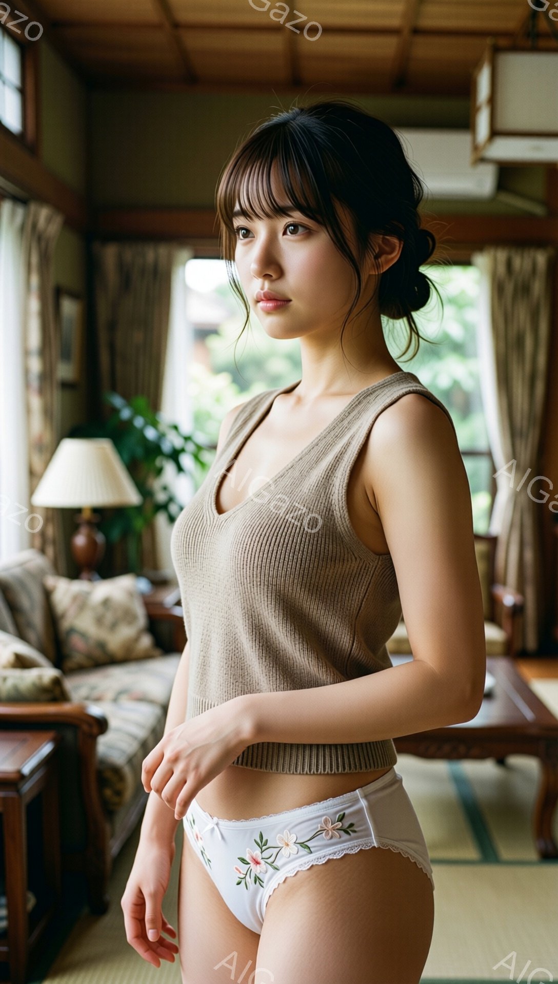 明るい室内で、ニットのタンクトップと白い刺繍入りショーツを着た若い女性が立っている。彼女は少し微笑んでおり、片手を腰に当て、落ち着いた表情をしている。背景には、畳敷きの部屋、ソファ、ランプ、窓の外の緑豊かな植物が見え、穏やかでリラックスした雰囲気を醸し出している。