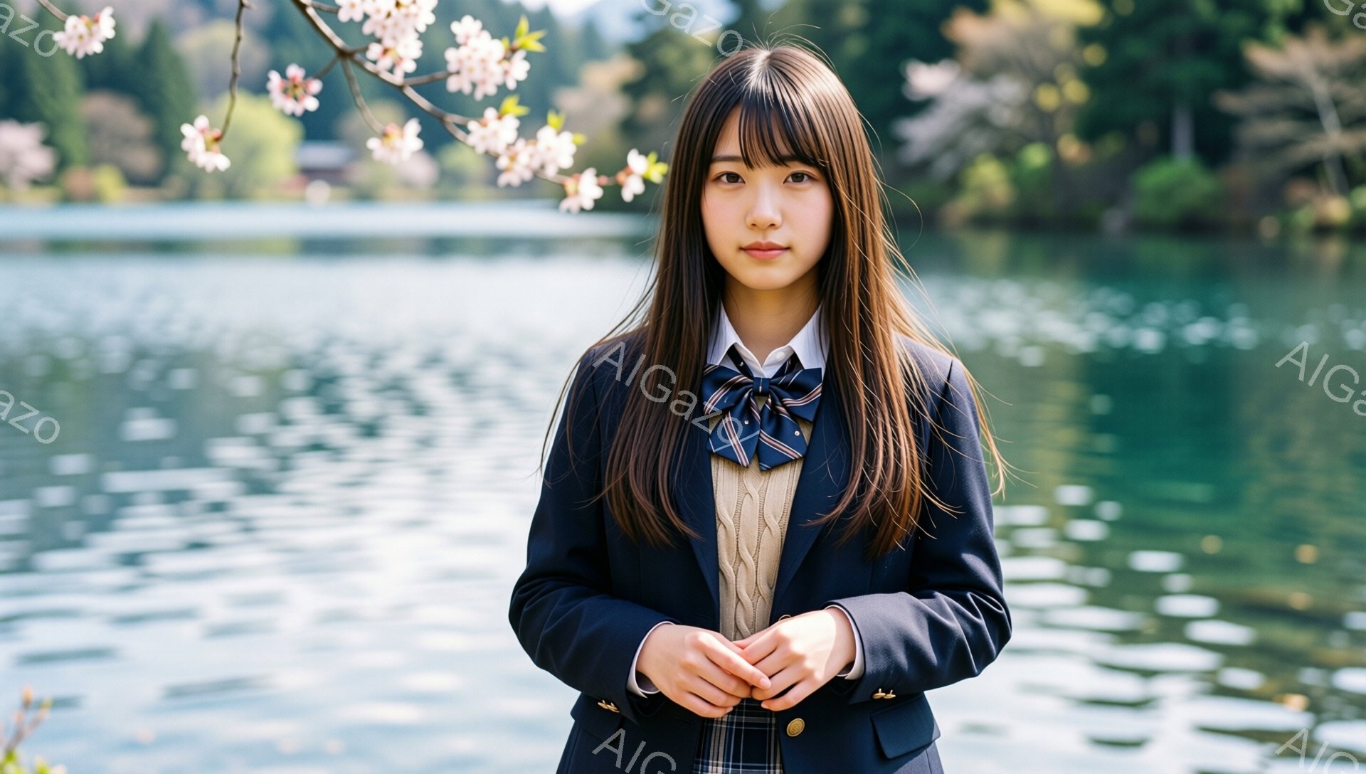 画像には、制服を着た若い女性が写っています。彼女は紺色のブレザーにチェックのスカート、リボン付きのシャツを着ており、長い茶色の髪をストレートにしています。背景には、水面がきらめく湖と、桜の木から咲き誇 - AI生成フリー素材