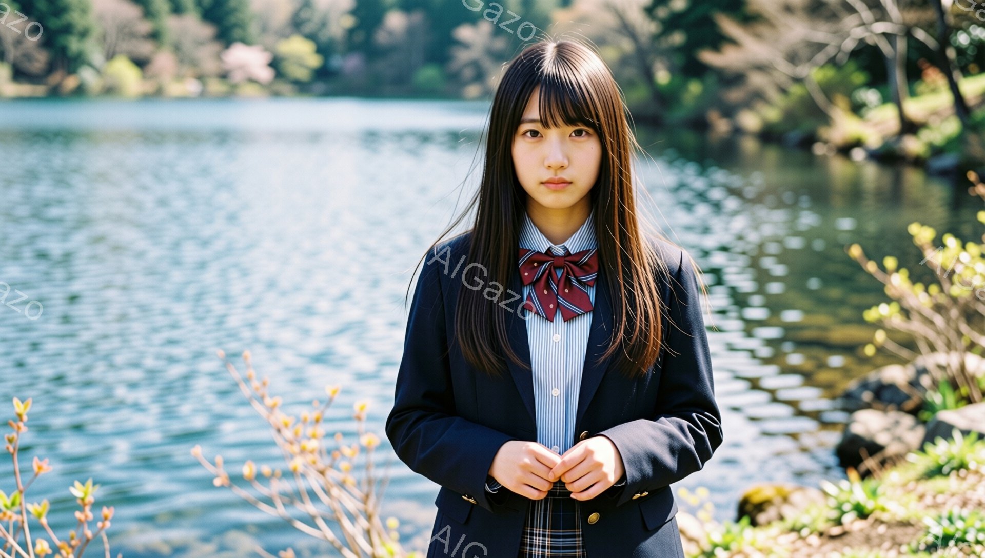 茶髪の長い髪を肩で分けている女子高生が、紺色のブレザー、ストライプのシャツ、チェック柄のスカート、そして赤いリボンを着用しています。彼女は少し緊張した表情で、両手を前に重ねて立っており、背景には水面がキラキラと輝く湖と、新緑の木々が見えます。全体的に、初々しく、少し寂しげな雰囲気が漂っています。