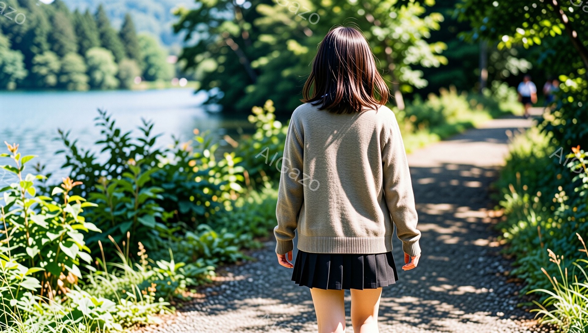後ろ姿の女性が、緑豊かな自然の中を歩いている様子が写っている。ベージュ色のセーターと黒いスカートを着用し、黒髪を肩の長さで切り揃えている。背景には湖や森林が見え、日差しが差し込み、穏やかで静かな雰囲気が漂っている。