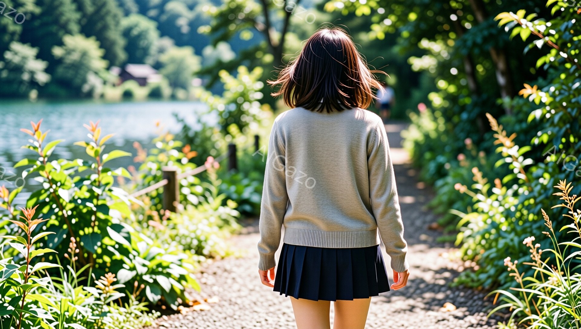 後ろ姿の女性が、緑豊かな自然の中を歩いている。ベージュの長袖セーターと黒のプリーツスカートを着用しており、髪は肩までの長さで、自然なカールがかかっている。背景には、緑の葉が生い茂る植物や、ぼんやりと見える湖と建物があり、晴れた日の穏やかな雰囲気が漂っている。