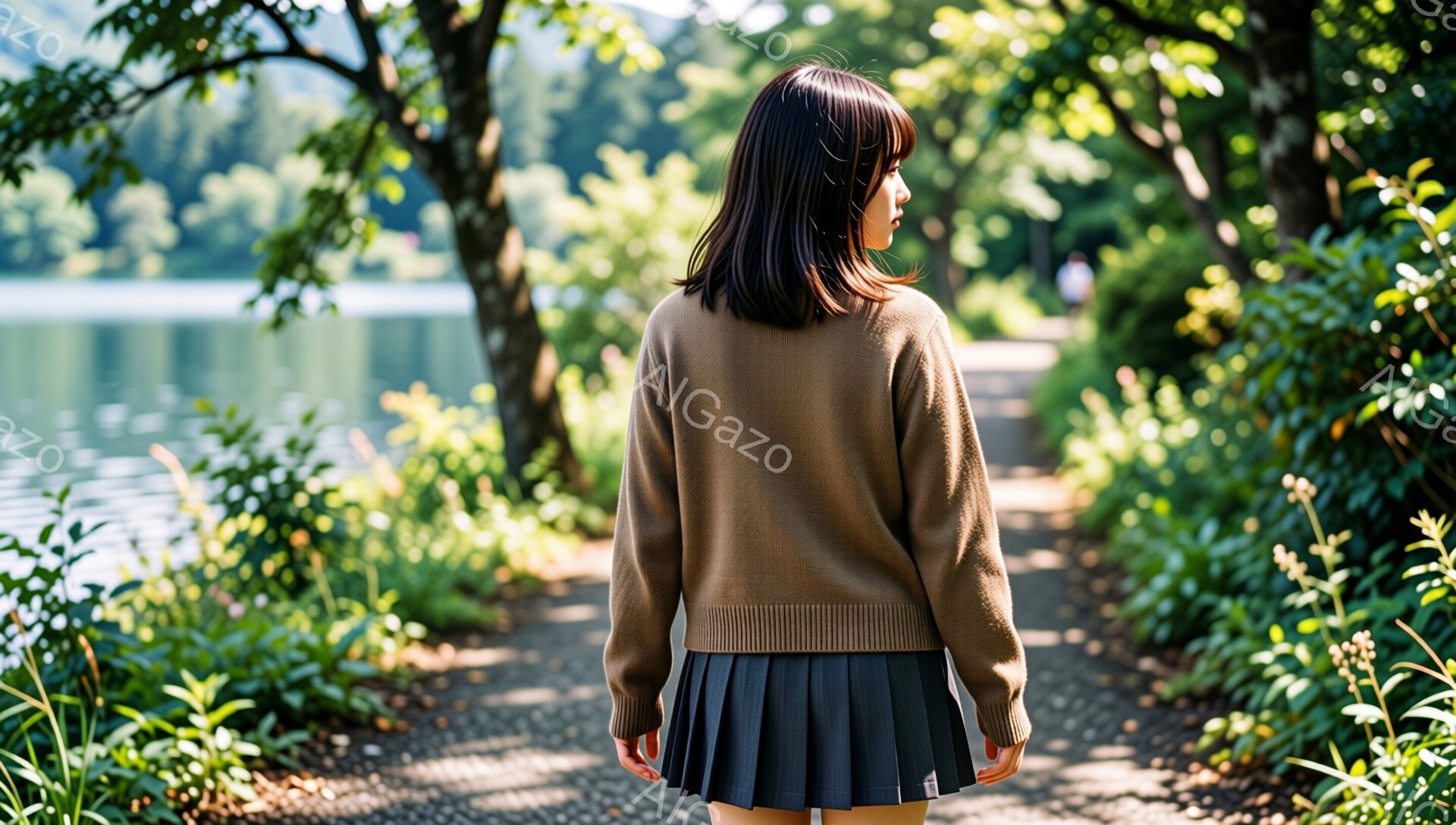 画像は、茶色のセーターと黒のプリーツスカートを着た女性の後ろ姿を捉えています。彼女は少しうつむき加減で、緑豊かな木々や植物に囲まれた遊歩道を歩いています。背景には穏やかな湖が広がり、日差しが差し込み、静かで平和な雰囲気を醸し出しています。