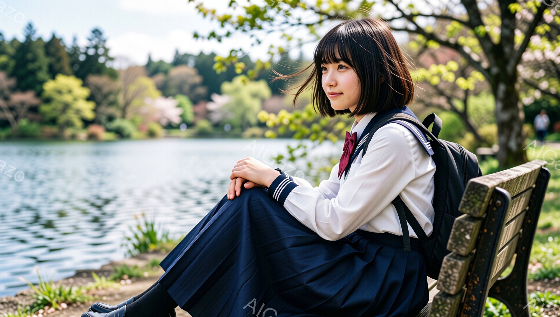 画像には、制服を着た若い女性が公園のベンチに座っている様子が写っています。彼女は黒髪のショートボブで、白いブラウスと紺色のスカート、赤いネクタイを着用し、肩に黒いバックパックを背負っています。背景には水面が輝く池と、新緑の木々が見え、穏やかで静かな春の日の雰囲気が漂っています。