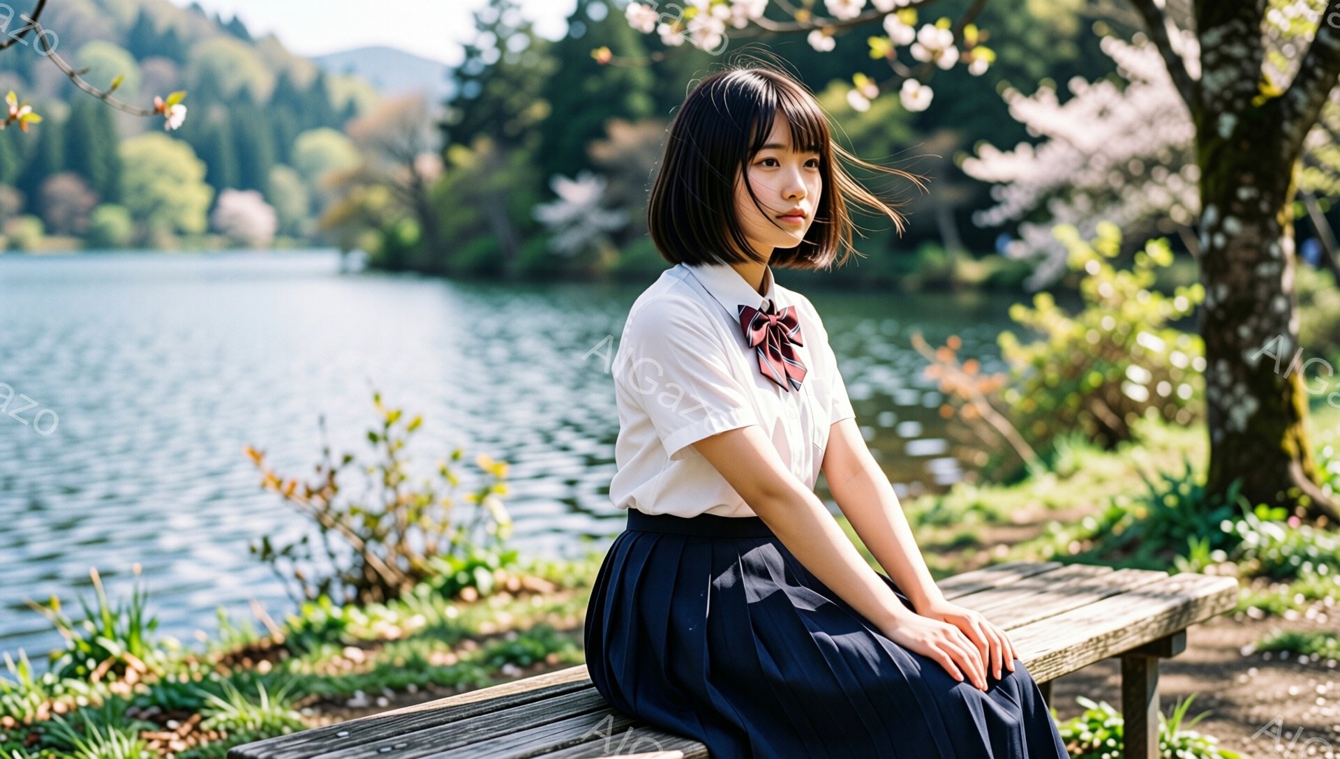 若い女性が湖のほとりにあるベンチに座っています。白いシャツに紺色のプリーツスカート、赤いリボンを締めており、黒髪のショートボブスタイルです。背景には緑豊かな木々と、桜の木が咲き誇っており、穏やかな春の日の雰囲気が漂っています。