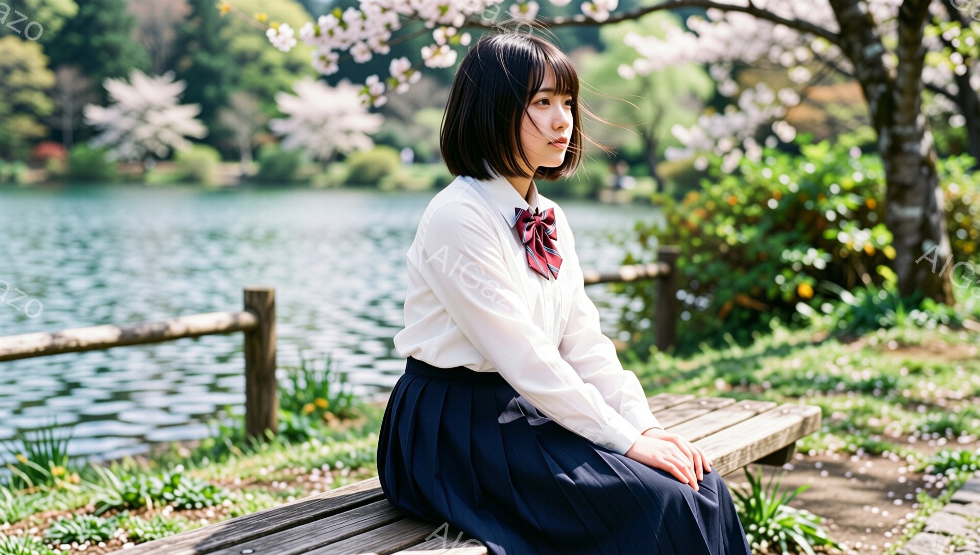 黒髪のボブカットの女性が、白いシャツと紺色のプリーツスカート、赤いネクタイを着用して、公園のベンチに座っています。彼女は少し物憂げな表情で、遠くを見つめています。背景には、桜の花びらが舞い散る穏やかな湖と緑豊かな木々が見え、春の暖かな雰囲気が漂っています。