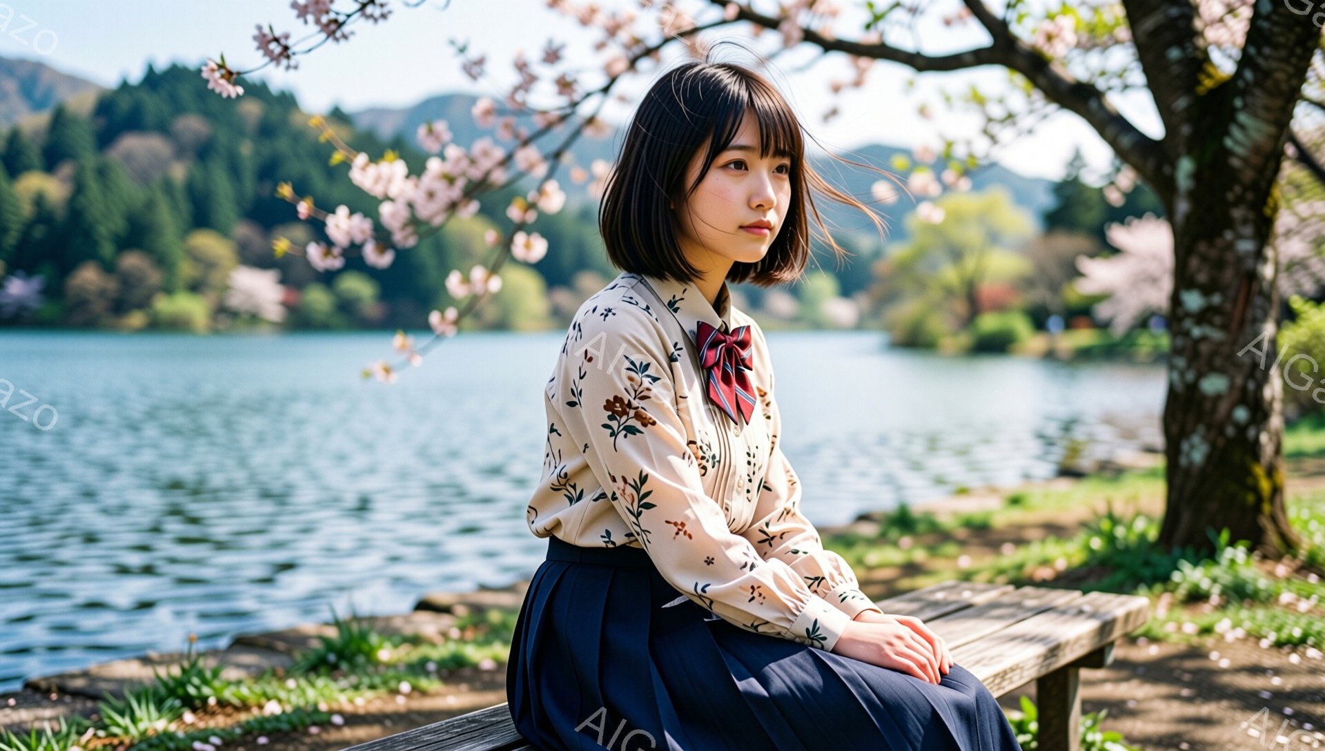 少女は、クリーム色の花柄ブラウスと紺色のプリーツスカートを身につけ、赤いリボンを首に巻いている。彼女はベンチに腰掛け、少し横を向いて遠くを見つめ、物憂げな表情を浮かべている。背景には、桜の花が咲き誇る - AI生成フリー素材