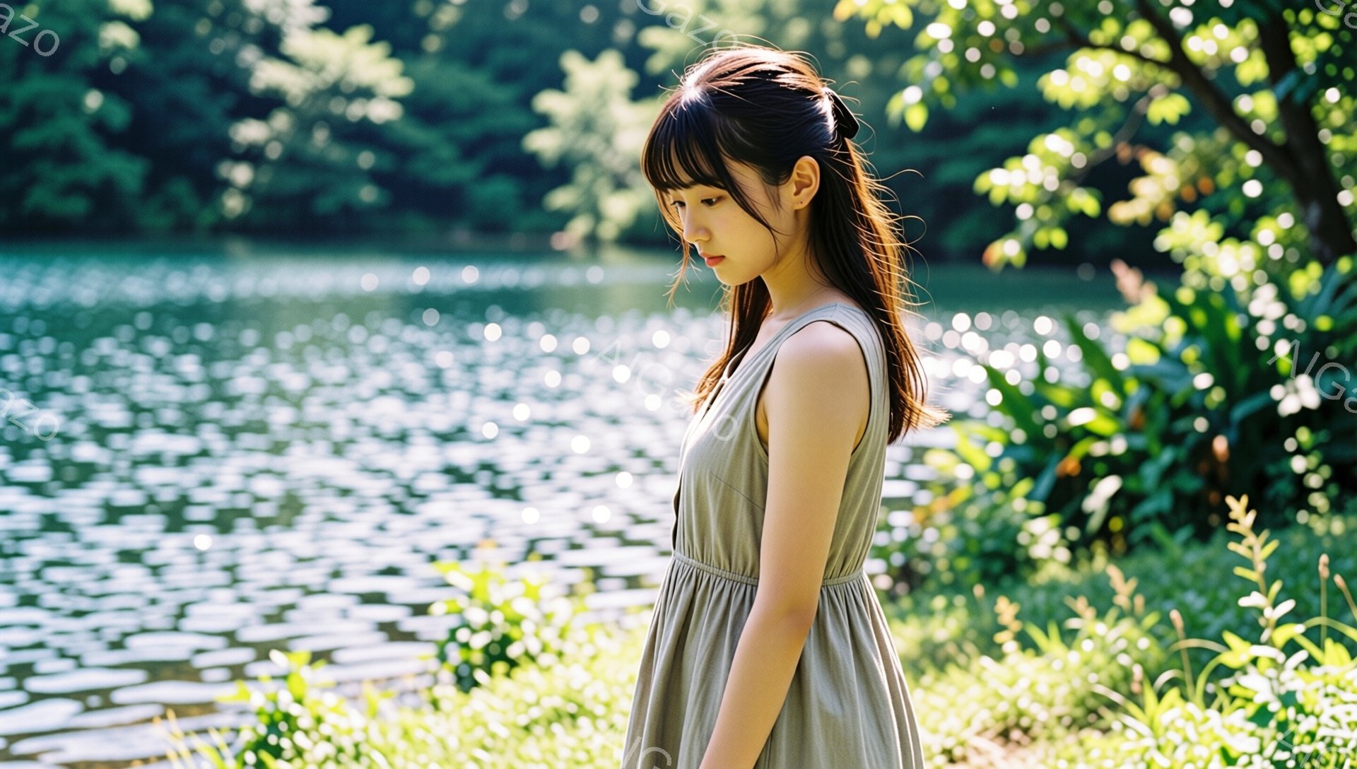 長い黒髪をセンターパートにした若い女性が、クリーム色のノースリーブワンピースを着て立っている。彼女は少し俯き加減で、どこか物憂げな表情を浮かべている。背景には、太陽の光が水面に反射してキラキラと輝く池 - AI生成フリー素材