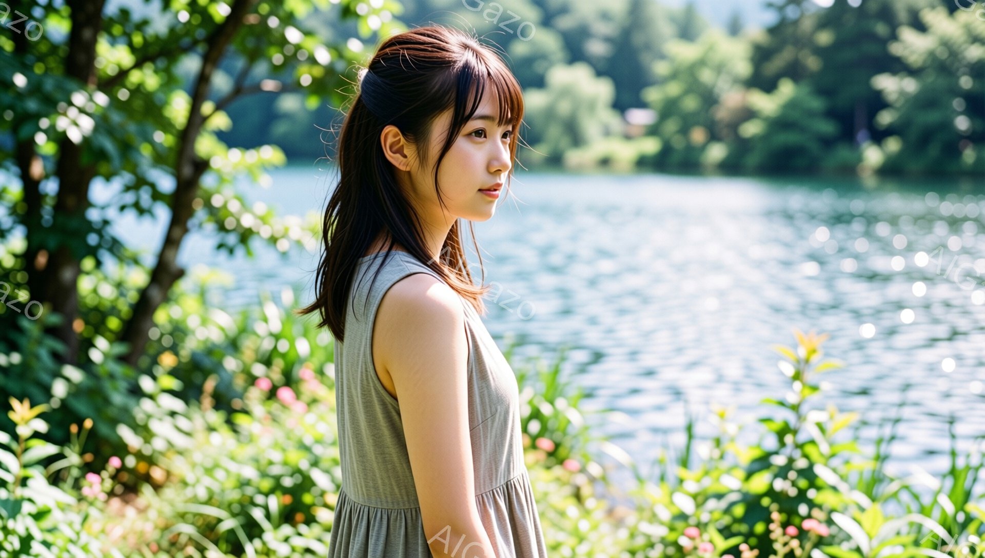 若い女性が、湖を背景に横を向いて立っている。彼女はグレーのノースリーブのワンピースを着ており、前髪を下ろしたロングヘアは肩にかかっている。背景には緑豊かな植物と輝く湖面が広がり、穏やかで自然な雰囲気を醸し出している。
