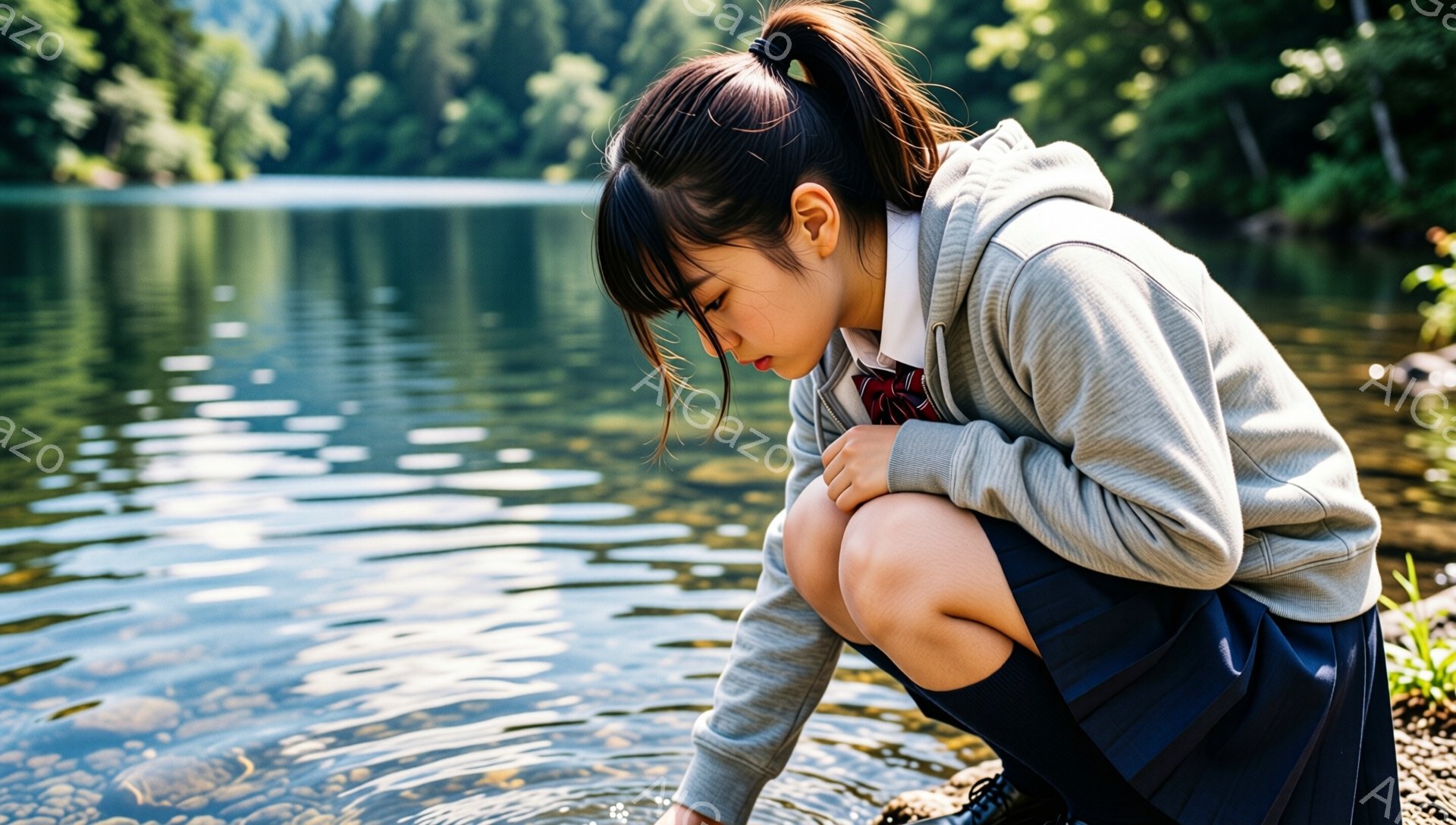 若い女性が湖のほとりで膝を曲げて座っています。彼女はグレーのパーカー、ネイビーのスカート、黒い靴下とスニーカーを着用し、長い黒髪を後ろで一つに結んでいます。湖の水面は穏やかで、背景には緑豊かな森林が広 - AI生成フリー素材