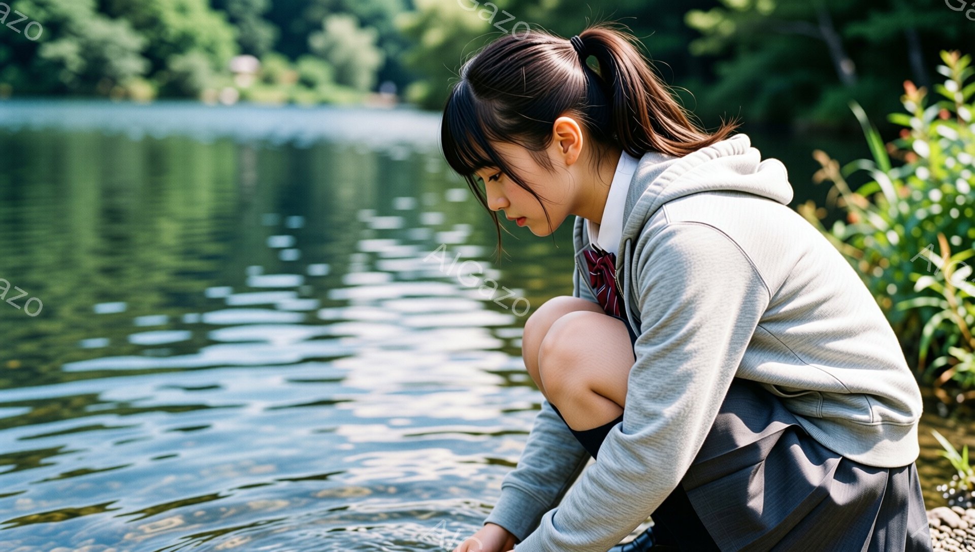制服を着た若い女性が、湖のほとりでうずくまっている。彼女はグレーのパーカーを着て、チェックのネクタイとスカートを着用しており、髪はポニーテールに結ばれている。湖面は穏やかで、周囲は緑豊かな自然に囲まれ - AI生成フリー素材