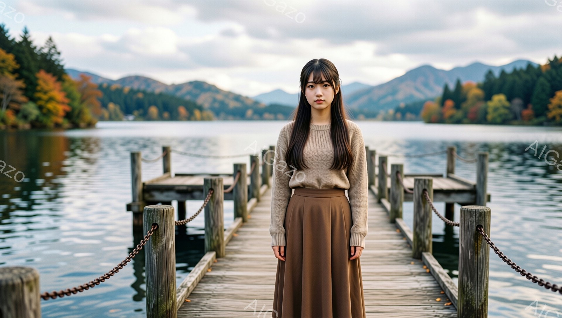 長い黒髪をセンターパートにした女性が、桟橋の上に立っています。ベージュのセーターと茶色のロングスカートを身につけ、やや物憂げな表情を浮かべています。背景には、紅葉した山々と穏やかな湖が広がり、どんより - AI生成フリー素材