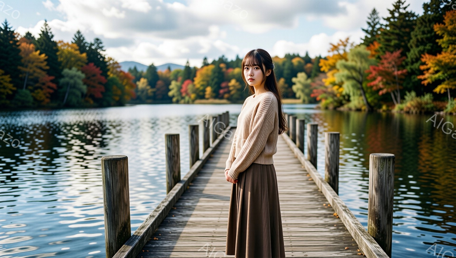 明るい茶色のセーターとスカートを着た若い女性が、桟橋の上に立っている。彼女はストレートな黒髪で、少し微笑んでいるように見える。背景には、紅葉で色づいた山々と、穏やかな湖が広がっており、晴天で秋の穏やか - AI生成フリー素材