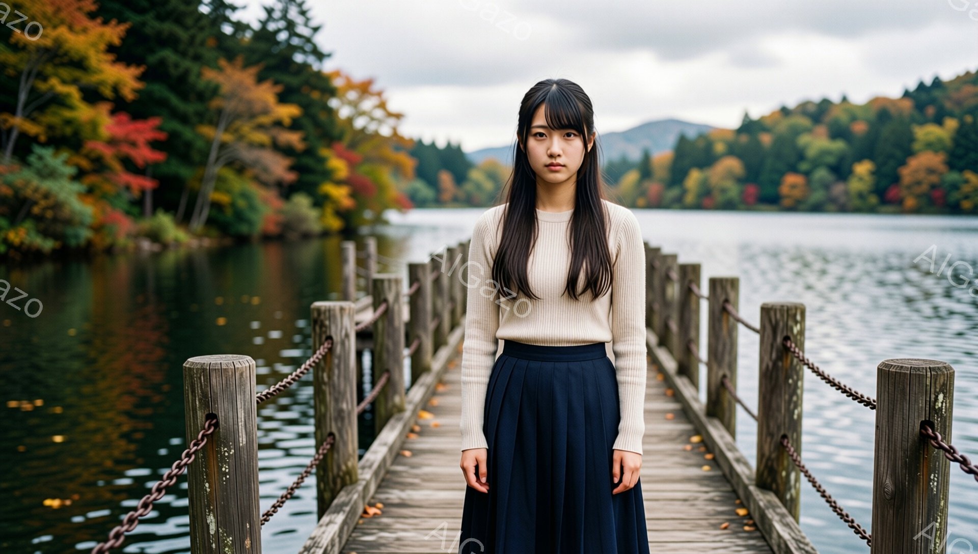長い黒髪をセンターパートにした若い女性が、木製の桟橋の上に立っている。ベージュ色のセーターと濃い紺色のプリーツスカートを身に着け、表情は穏やかで少し物憂げだ。背景には、秋の紅葉に染まった山々と、穏やかな湖が広がり、少しどんよりとした空模様が秋の寂しさを際立たせている。