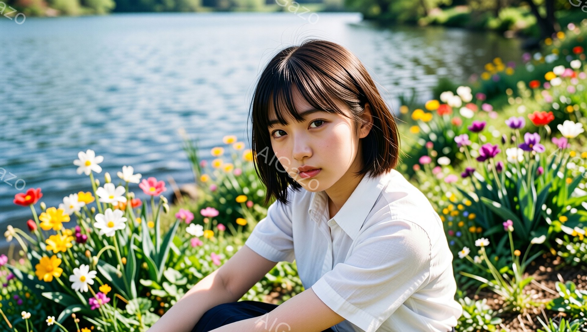 若い女性が花壇の前に座っており、白いシャツを着ています。彼女は短い黒髪で、前髪が目にかかっています。表情は落ち着いており、少し微笑んでいるように見えます。 - AI生成フリー素材