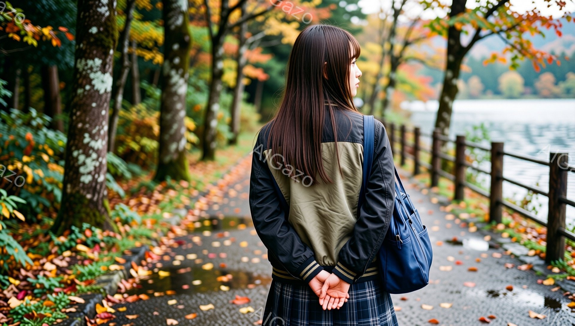 長い黒髪を背中に垂らし、チェックのスカートと緑色のジャケットを着た女性が、手を後ろで組んで小道に立っている。地面は落ち葉で覆われ、背景には湖と色づいた木々が広がっており、秋の静かで美しい風景が広がっている。彼女の姿勢は少し物思いにふけっているように見え、寂しげな雰囲気を感じさせる。