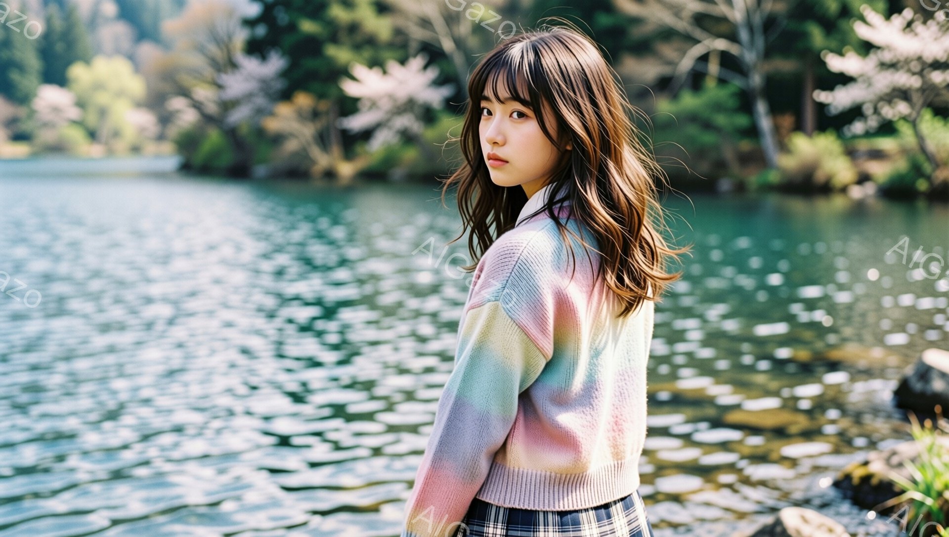 若い女性が、パステルカラーのセーターとチェック柄のスカートを着て、湖のほとりに立っている。彼女は肩までの長さのダークブラウンの髪をしており、少し振り返ってこちらを見ている表情は穏やかだ。背景には、緑豊 - AI生成フリー素材