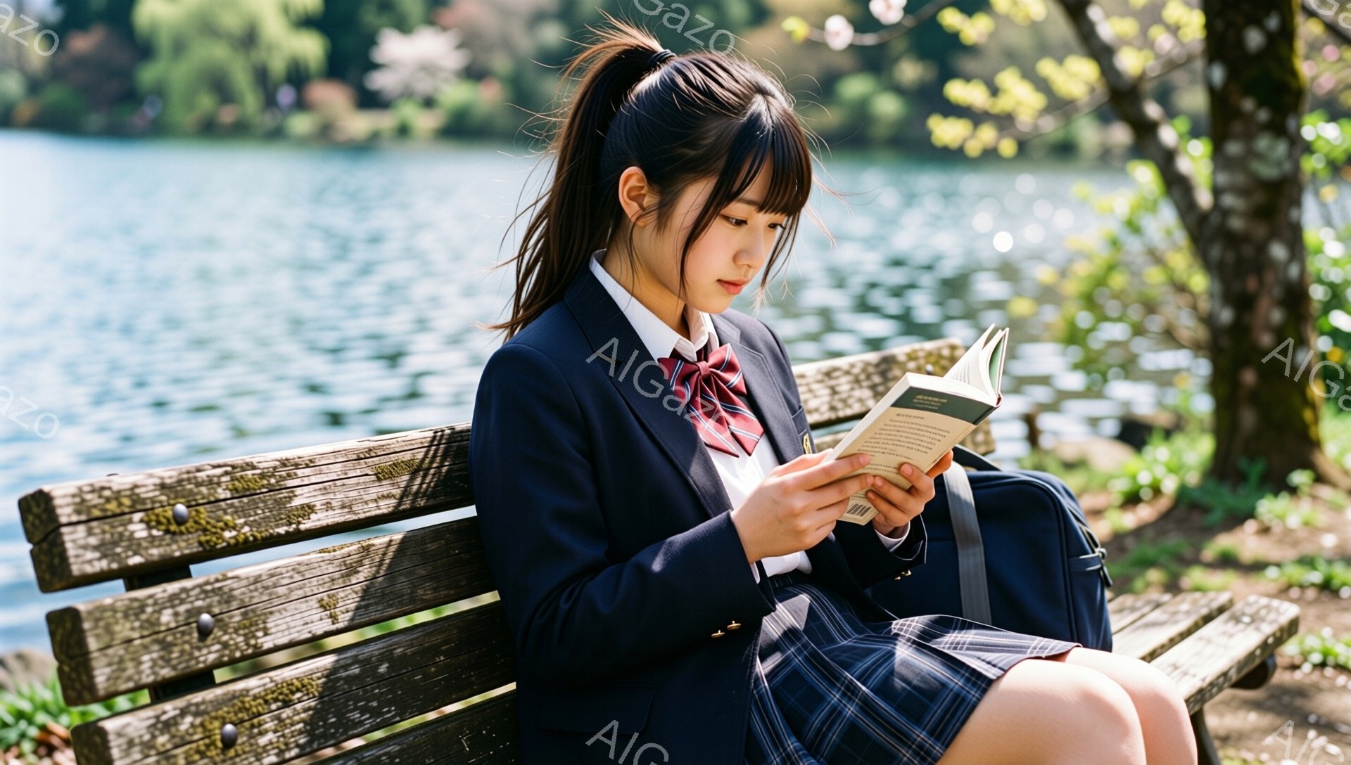 制服を着た若い女性が、湖の近くの木製のベンチに座って本を読んでいます。彼女は濃い色のブレザーにチェック柄のスカート、ネクタイ、そして肩に掛けられたリュックサックを着ており、髪は後ろでポニーテールに結ばれています。背景には湖と緑豊かな木々が見え、穏やかで静かな春の日の雰囲気が漂っています。