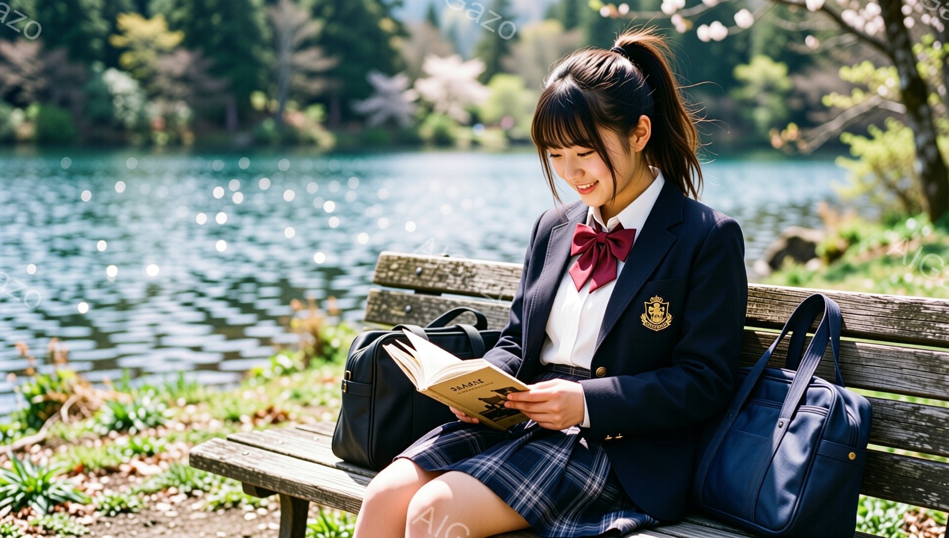 制服を着た女子高生が公園のベンチに座って本を読んでいます。彼女は長い黒髪をポニーテールにし、赤いネクタイと紺色のブレザーを着て、穏やかな笑顔を浮かべています。背景には、キラキラと輝く湖と緑豊かな木々が - AI生成フリー素材