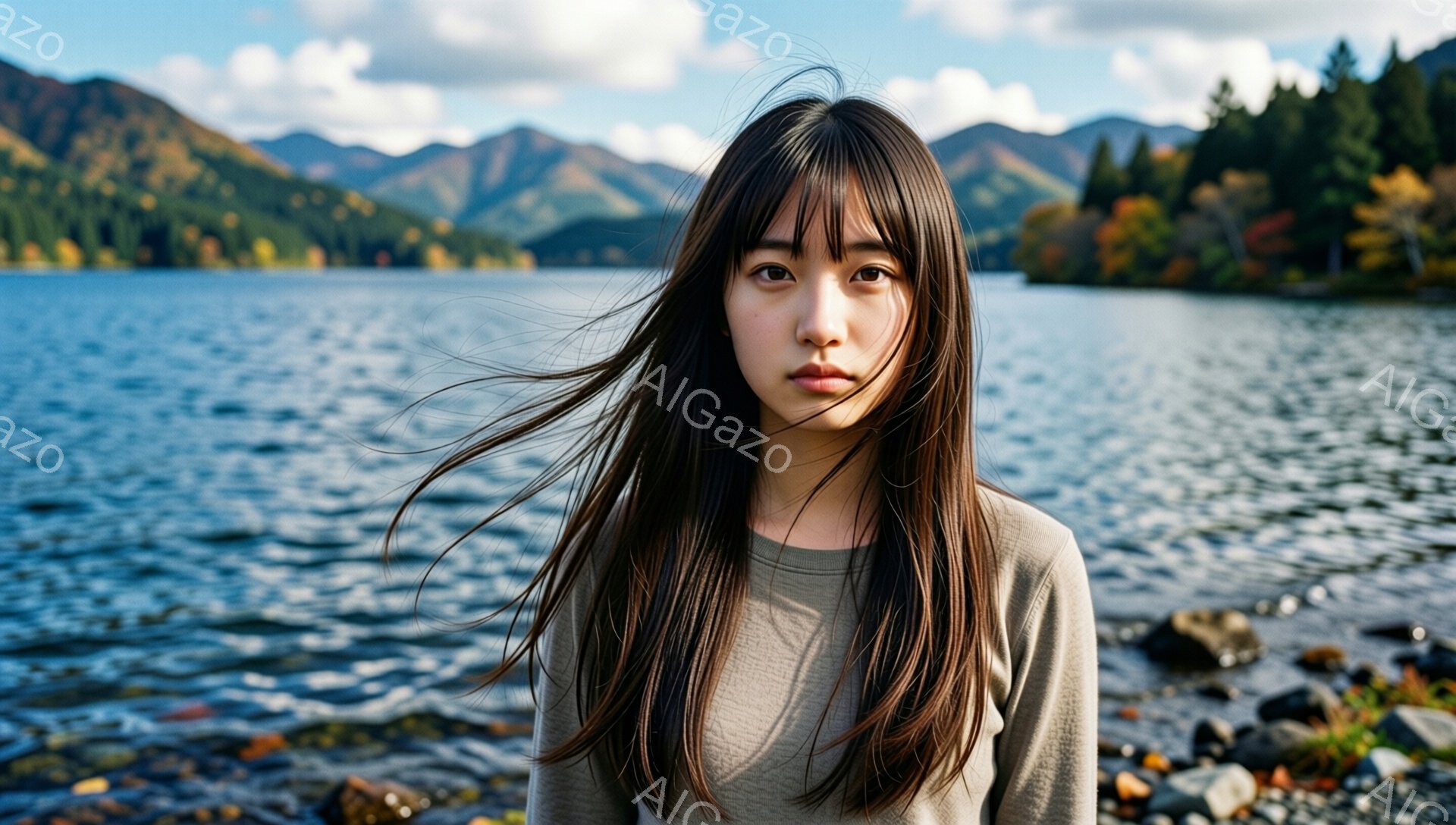 長い黒髪が風になびき、少し憂いを帯びた表情の若い女性が写っている。ベージュ色のシンプルなセーターを着ており、背景には青い湖と、秋の紅葉が美しい山々が広がっている。湖畔の石が、風情のある雰囲気を醸し出し - AI生成フリー素材