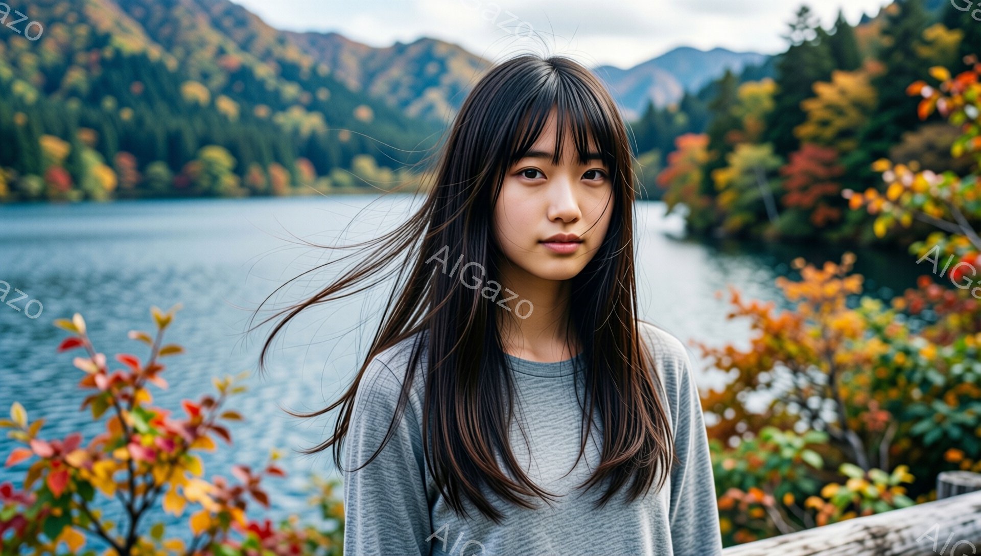 長い黒髪を風になびかせた若い女性が、グレーの長袖シャツを着て正面を見つめている。背景には、鮮やかな紅葉に染まった山々と、穏やかな湖が広がり、秋の景色が印象的だ。 全体的に、静かで少し物憂げな雰囲気が漂っている。
