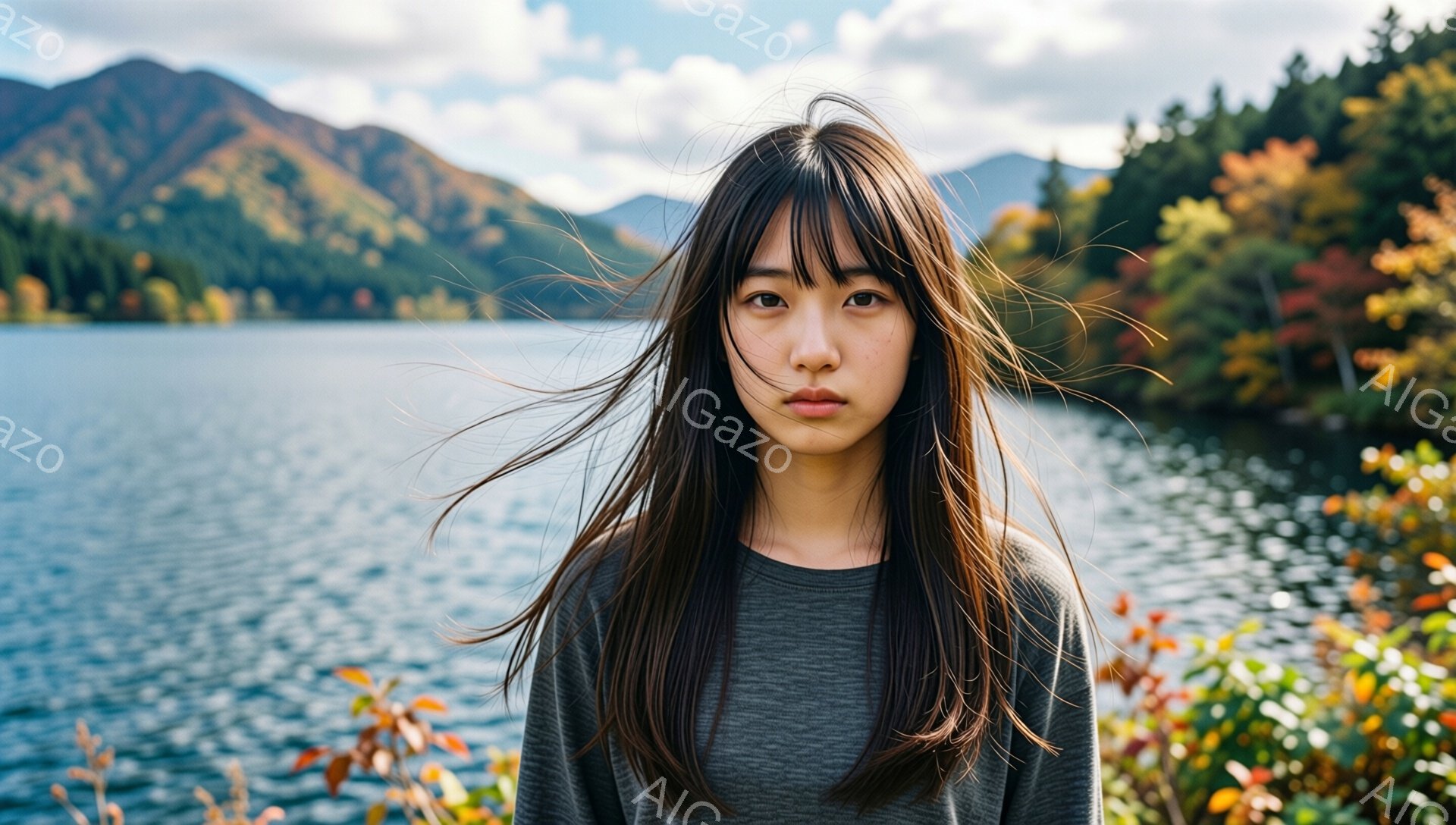長い黒髪の女性が、水面が輝く湖を背景に立っている。彼女はグレーの長袖シャツを着ており、髪は風になびいている。表情は穏やかで、やや物憂げな印象を与える。 - AI生成フリー素材