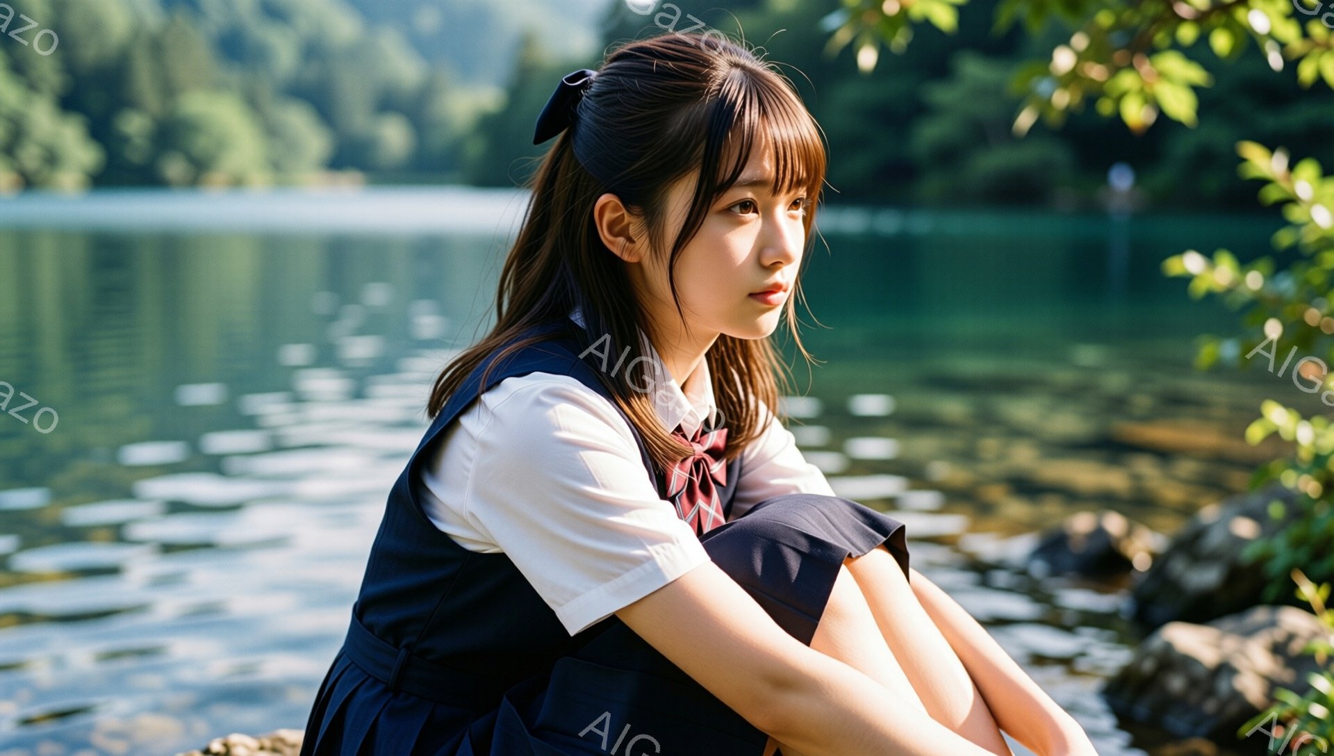 若い女性が水辺に座り、膝を抱えています。彼女は紺色のベストと白いシャツ、そして赤いネクタイとリボンで髪を結んでいます。背景には緑豊かな木々が茂り、穏やかな水面が広がっており、静かで物憂げな雰囲気が漂っています。
