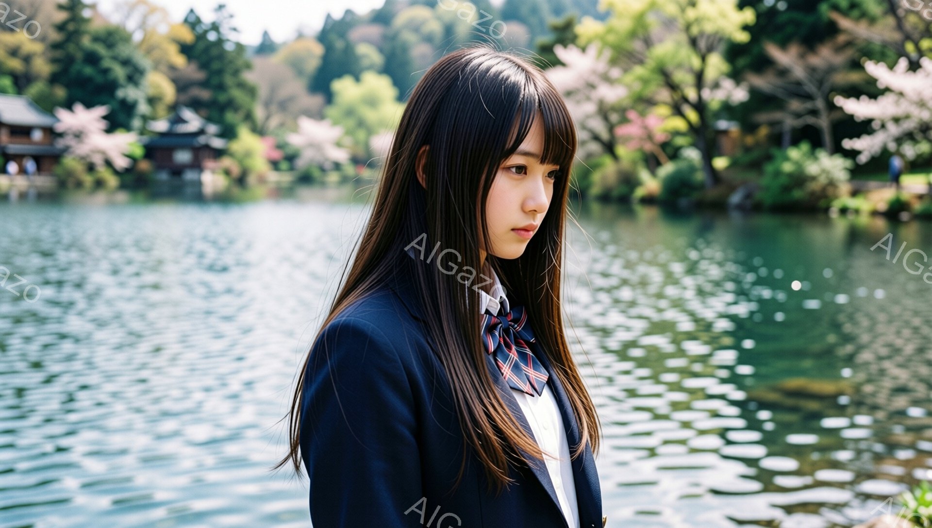 長い黒髪を肩で分けている若い女性が、紺色のブレザーと白いシャツ、チェックのネクタイを着用しています。彼女は少し憂いを帯びた表情で、横を向いて水面を見つめています。背景には緑豊かな木々や、ぼんやりと見え - AI生成フリー素材