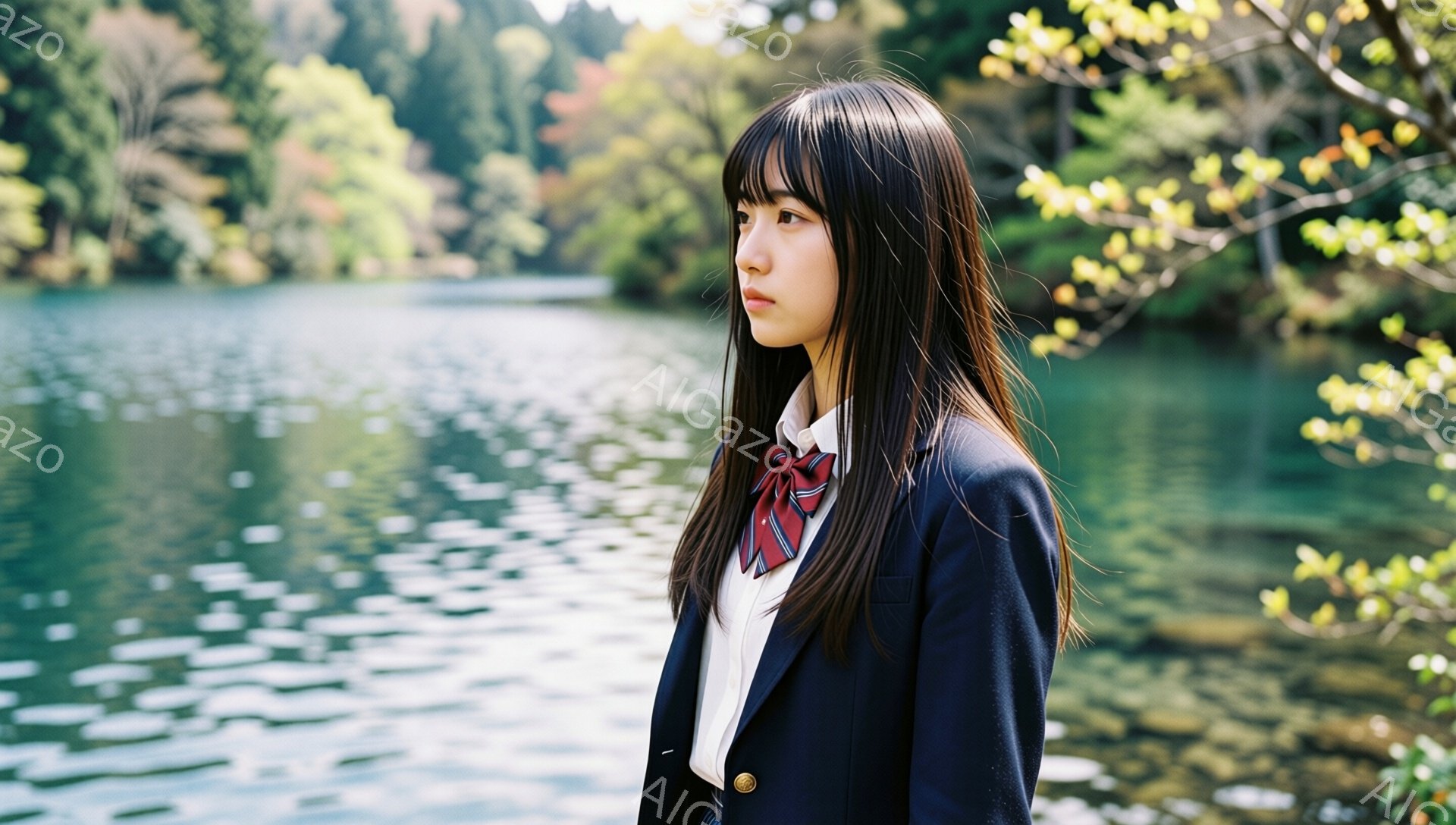 長い黒髪に前髪ぱっつんの女性が、紺色のブレザーに白いシャツ、赤いネクタイ姿で描かれている。彼女は横顔で、少し憂いを帯びた表情で遠くを見つめている。背景には、緑豊かな森林と穏やかな湖が広がり、水面に光が反射している様子が捉えられている。
