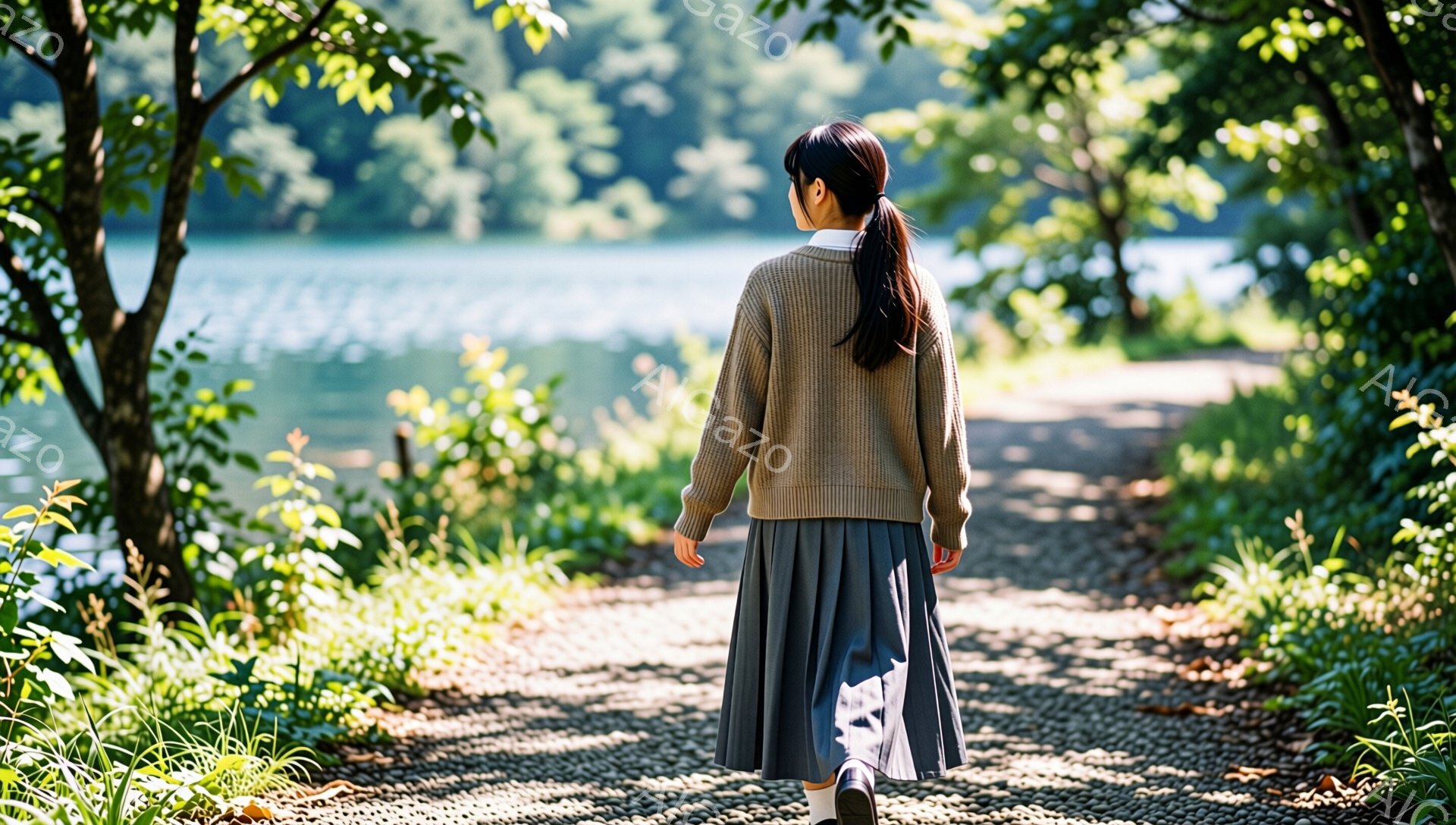 画像は、緑豊かな自然の中を歩く女性の背中姿を捉えています。彼女はベージュのセーターとプリーツスカートを身に着け、髪をポニーテールにしています。背景には、きらめく湖と緑の木々が広がり、穏やかで平和な雰囲 - AI生成フリー素材