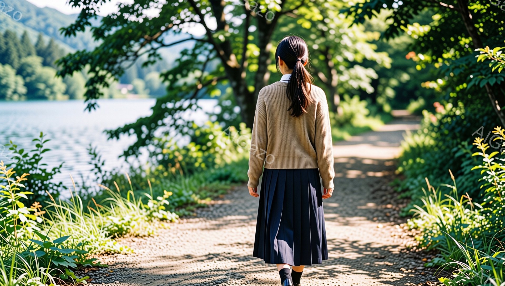 後ろ姿の女性が、緑豊かな自然の中を歩いている様子が写っている。ベージュのセーターと濃いグレーのプリーツスカートを着用し、髪は後ろで一つに結んでいる。背景には湖と緑の木々が広がり、日差しが差し込む穏やか - AI生成フリー素材