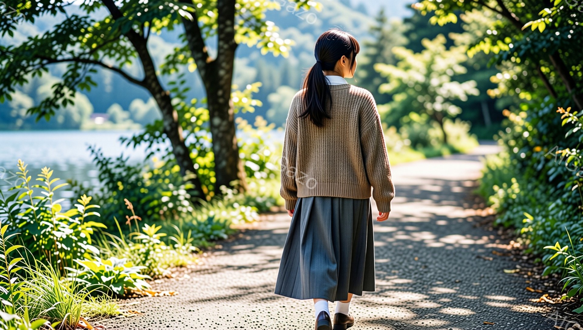茶色のニットセーターとプリーツスカートを着た女性が、木陰の道を歩いている後ろ姿が捉えられています。彼女は髪を後ろで一つにまとめ、穏やかな自然の中でリラックスした雰囲気を醸し出しています。背景には緑豊か - AI生成フリー素材