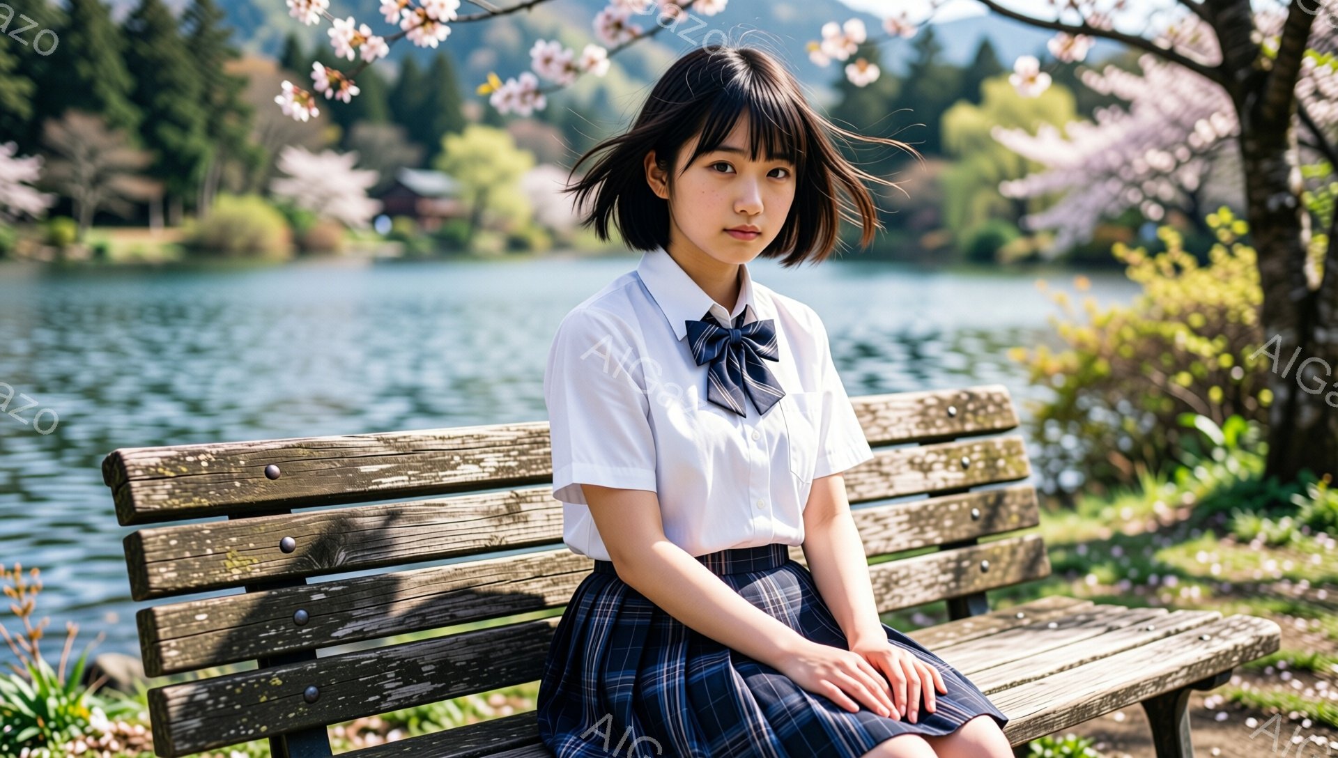 画像には、桜並木と湖を背景に、木製のベンチに座る女子高生が写っています。彼女は白いブラウスにチェックのスカート、ネクタイを着用し、前髪を下ろしたショートヘアです。落ち着いた表情で、膝を揃えて座っており - AI生成フリー素材