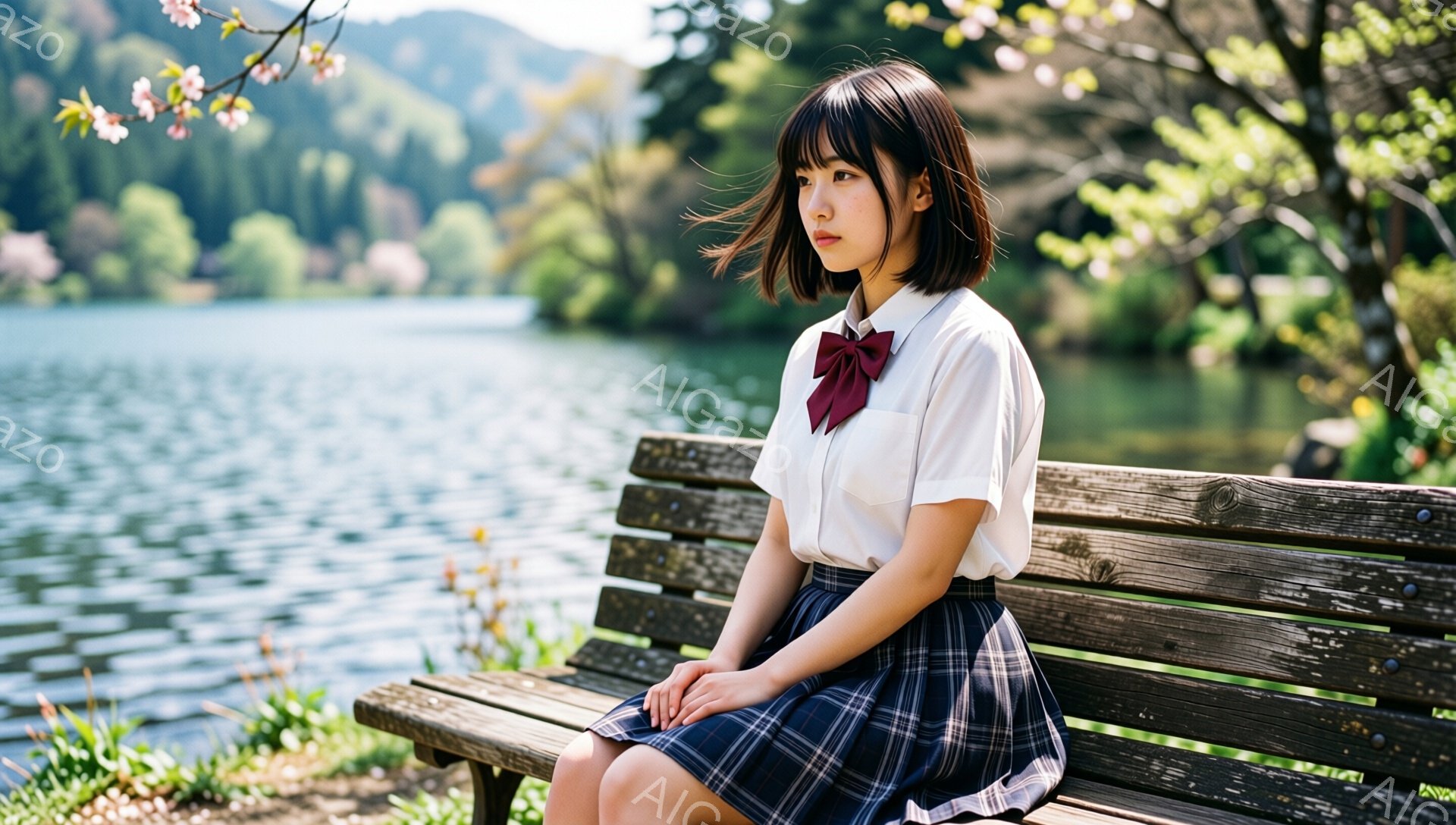 明るい日差しの下、紺色のリボンと白いブラウスにチェックのスカートを身につけた若い女性が、木製のベンチに座っています。彼女は少し物憂げな表情で遠くを見つめており、黒髪のショートボブヘアが肩にかかっています。背景には緑豊かな木々と穏やかな湖が広がり、春の穏やかな雰囲気を醸し出しています。
