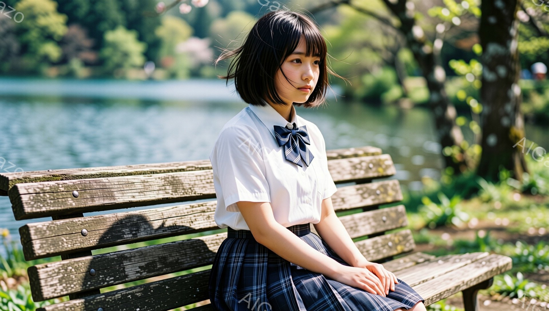 短い黒髪の少女が、チェック柄のスカートと白いブラウス姿で、古びた木製のベンチに座っている。彼女は少し物憂げな表情で遠くを見つめ、両手は膝の上で揃えている。背景には緑豊かな自然と水面が広がり、穏やかな春 - AI生成フリー素材