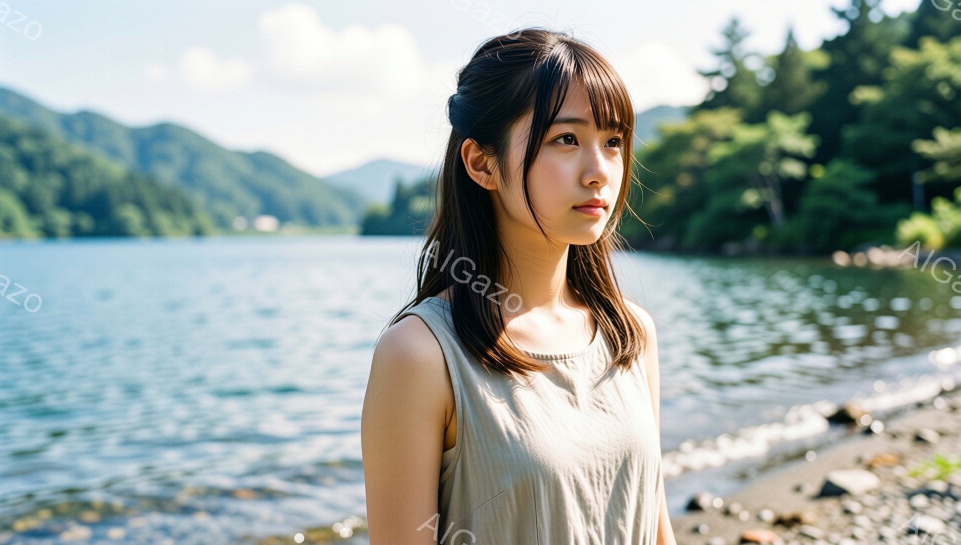 若い女性が湖のほとりに立っており、ベージュ色のノースリーブのトップスを着ています。彼女は肩までの長さの黒髪で、前髪が眉毛にかかっています。表情は穏やかで、少し物憂げな視線を遠くに向けています。
