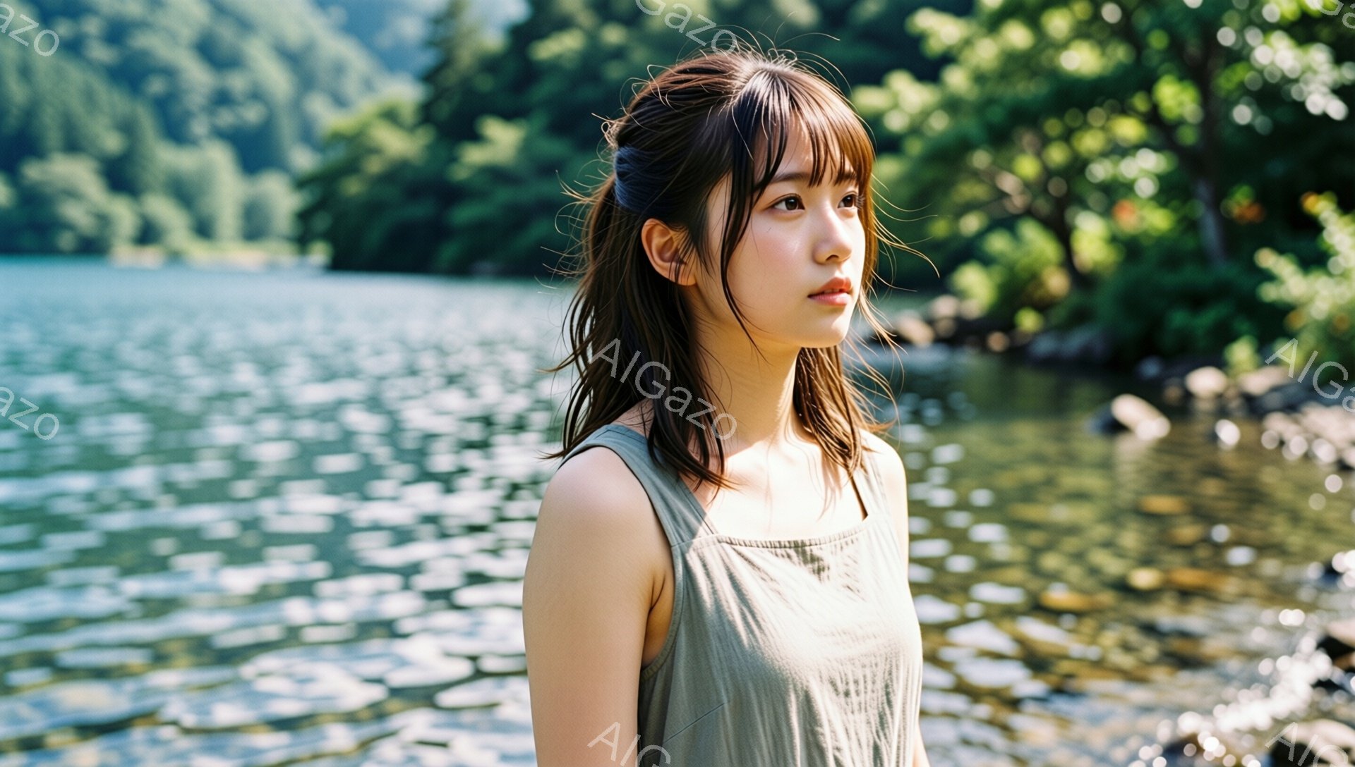 長い前髪とゆるいウェーブのかかった髪を持つ若い女性が、水面を背景にこちらを見ています。彼女は薄い緑色のキャミソールを着ており、少し憂いを帯びた表情を浮かべています。背景には緑豊かな木々が見え、穏やかで自然な雰囲気が漂っています。