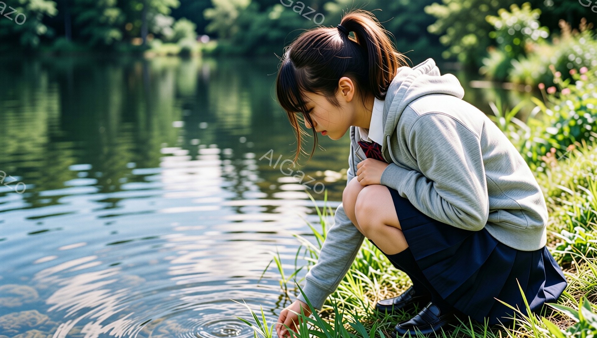 茶髪をポニーテールにした少女が、水辺の草むらに膝をついて何かを見つめている。制服の上着（グレーのパーカー）と紺色のスカートを身につけており、注意深く水面に手を伸ばしている様子から、小さな生き物や水面の反射に興味を持っているようだ。背景には緑豊かな木々が広がり、穏やかな自然の中でリラックスした雰囲気が漂っている。